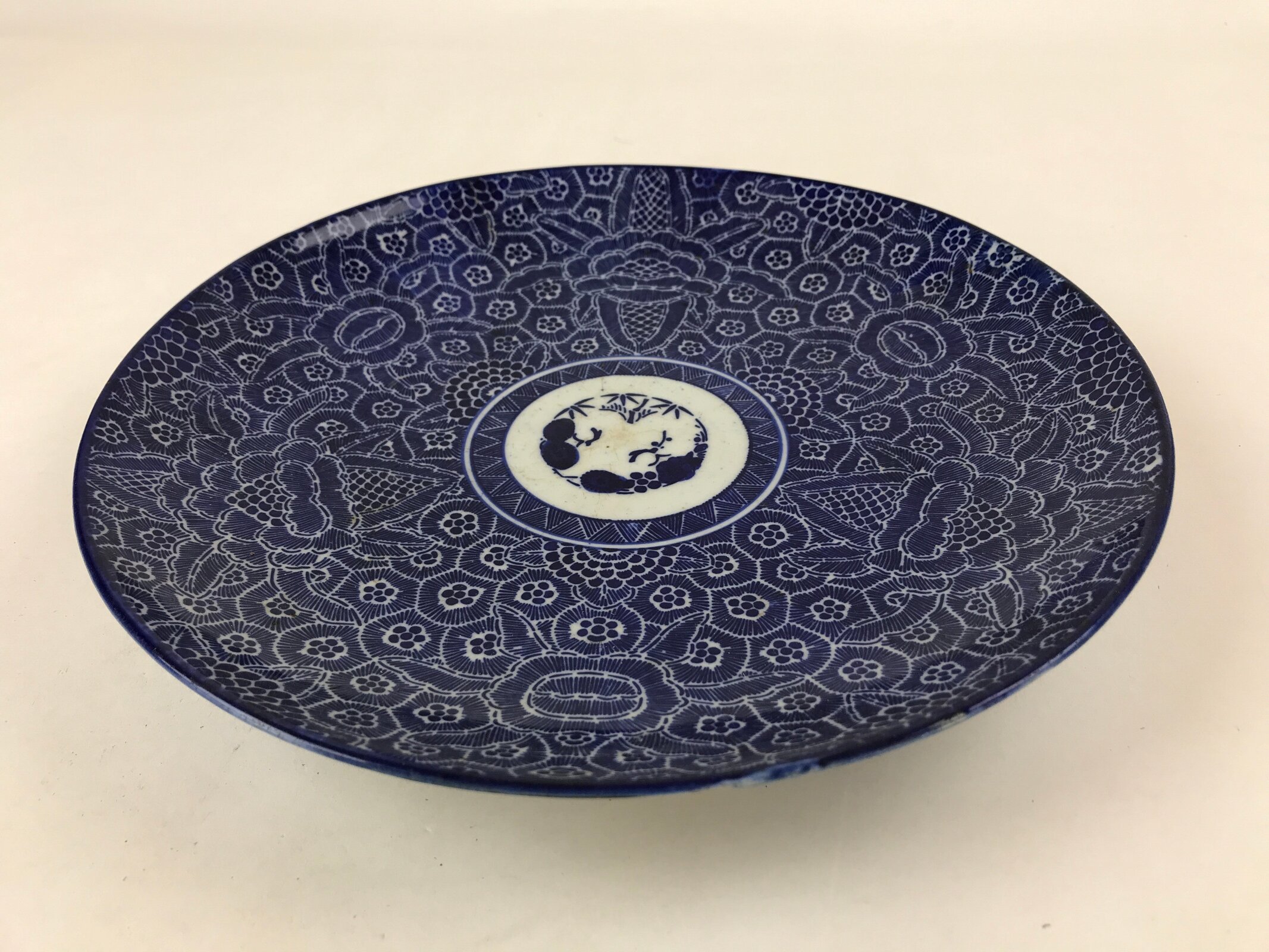 Antique Japanese Ceramic Large Plate Imari Ware Sometsuke Floral Blue PY592