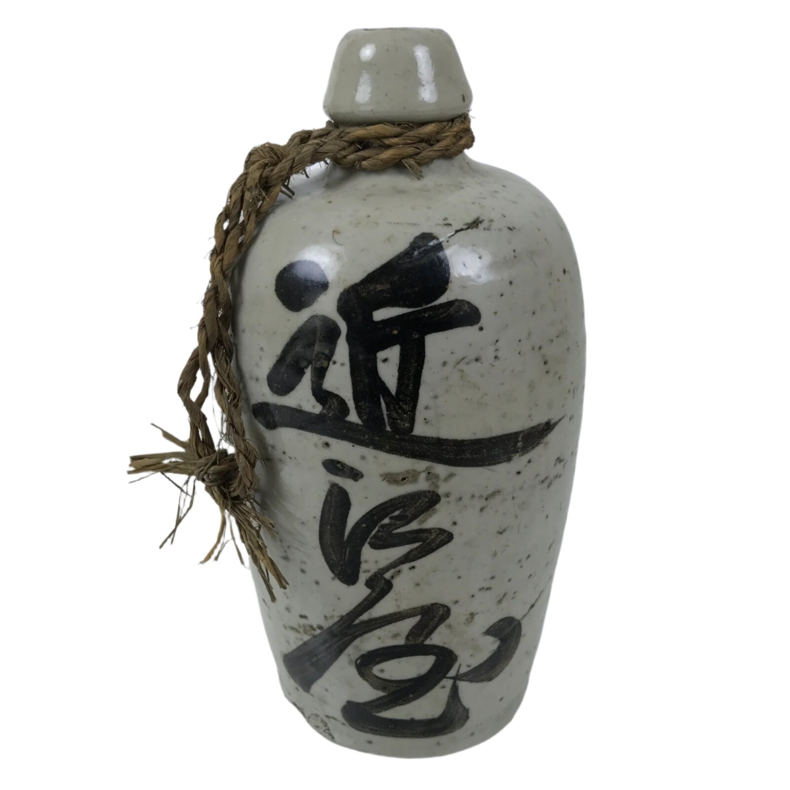 Antique Japanese Ceramic Sake Bottle Kayoi-Tokkuri Gray Black Kanji String TS810