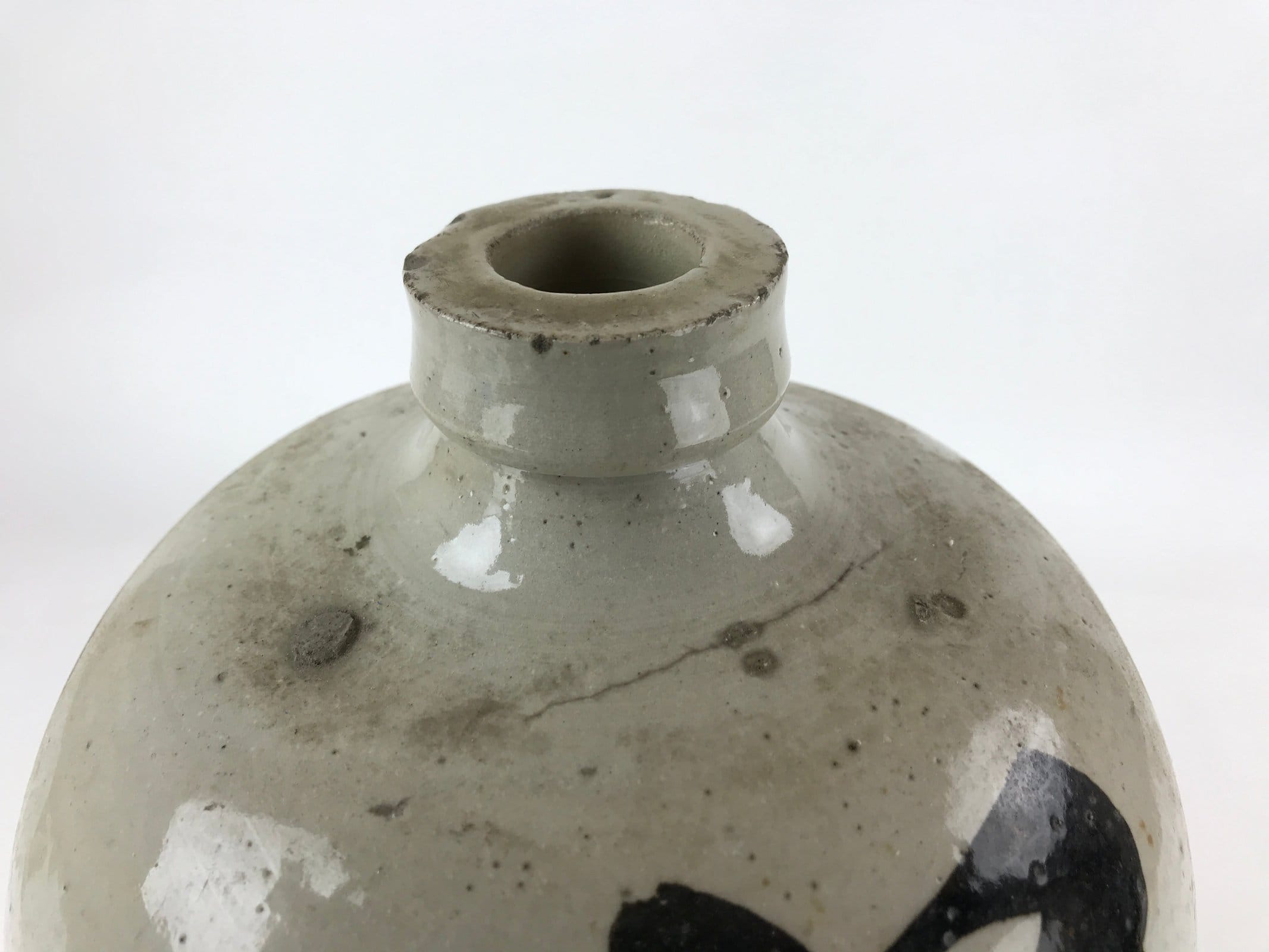 Antique Japanese Ceramic Sake Bottle Kayoi-Tokkuri Gray Black Kanji TS616