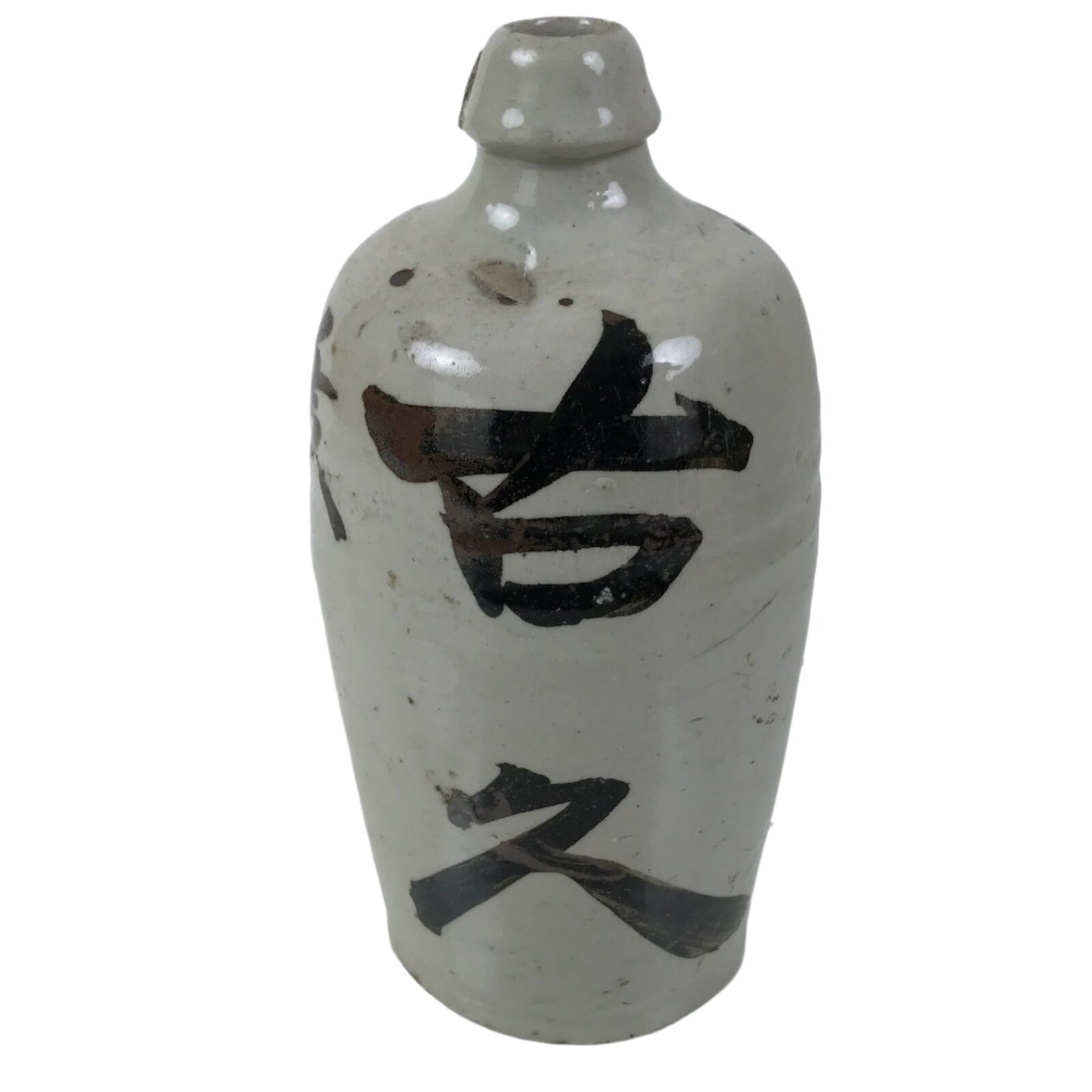 Antique Japanese Ceramic Sake Bottle Kayoi-Tokkuri Gray Black Kanji TS811