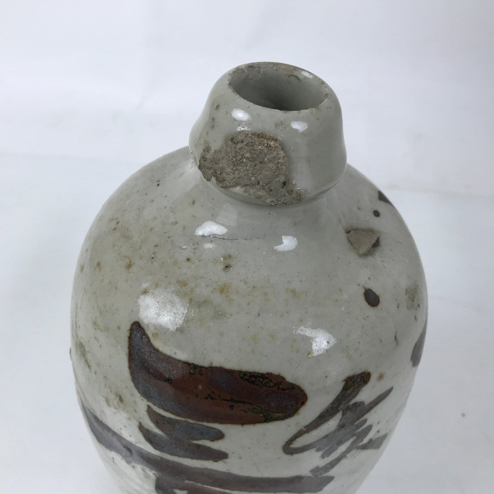 Antique Japanese Ceramic Sake Bottle Kayoi-Tokkuri Gray Black Kanji TS811