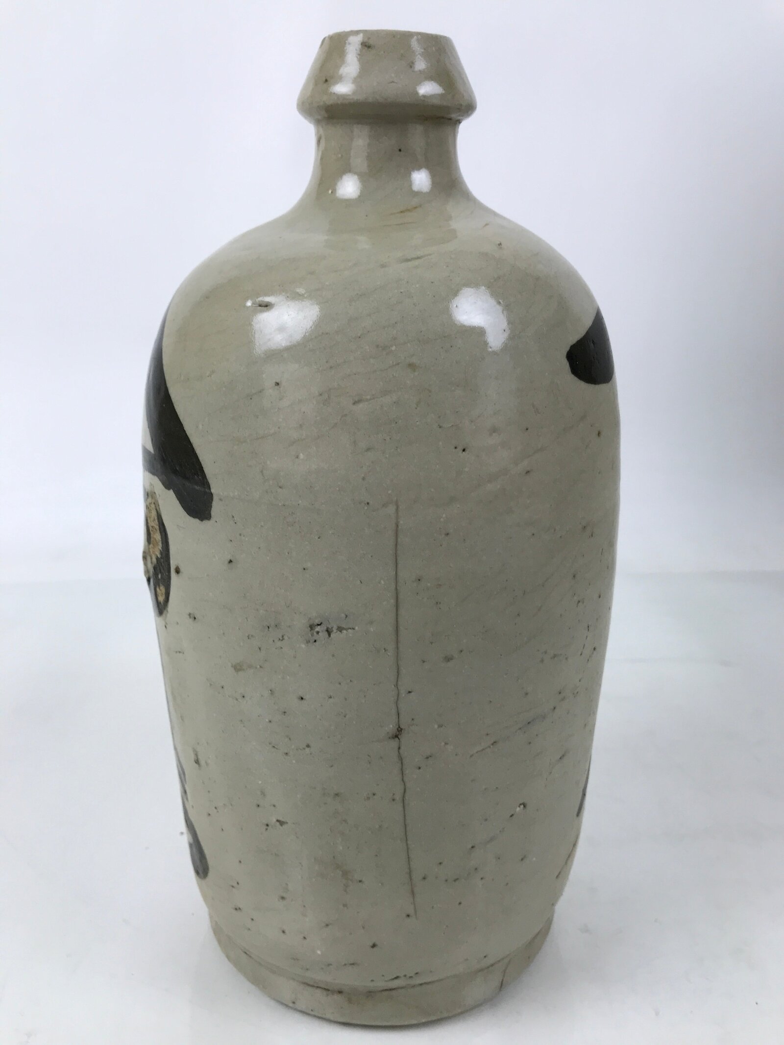 Antique Japanese Ceramic Sake Bottle Kayoi-Tokkuri Gray Black Kanji TS812