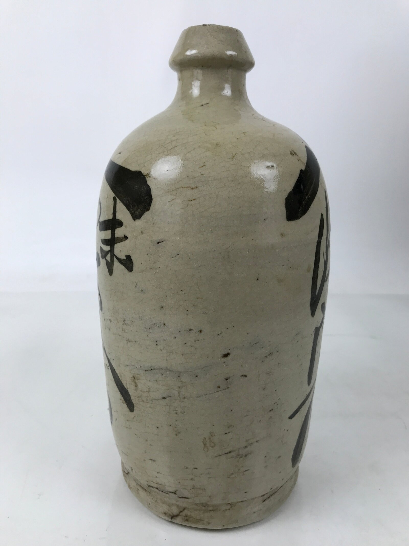 Antique Japanese Ceramic Sake Bottle Kayoi-Tokkuri Gray Black Kanji TS812