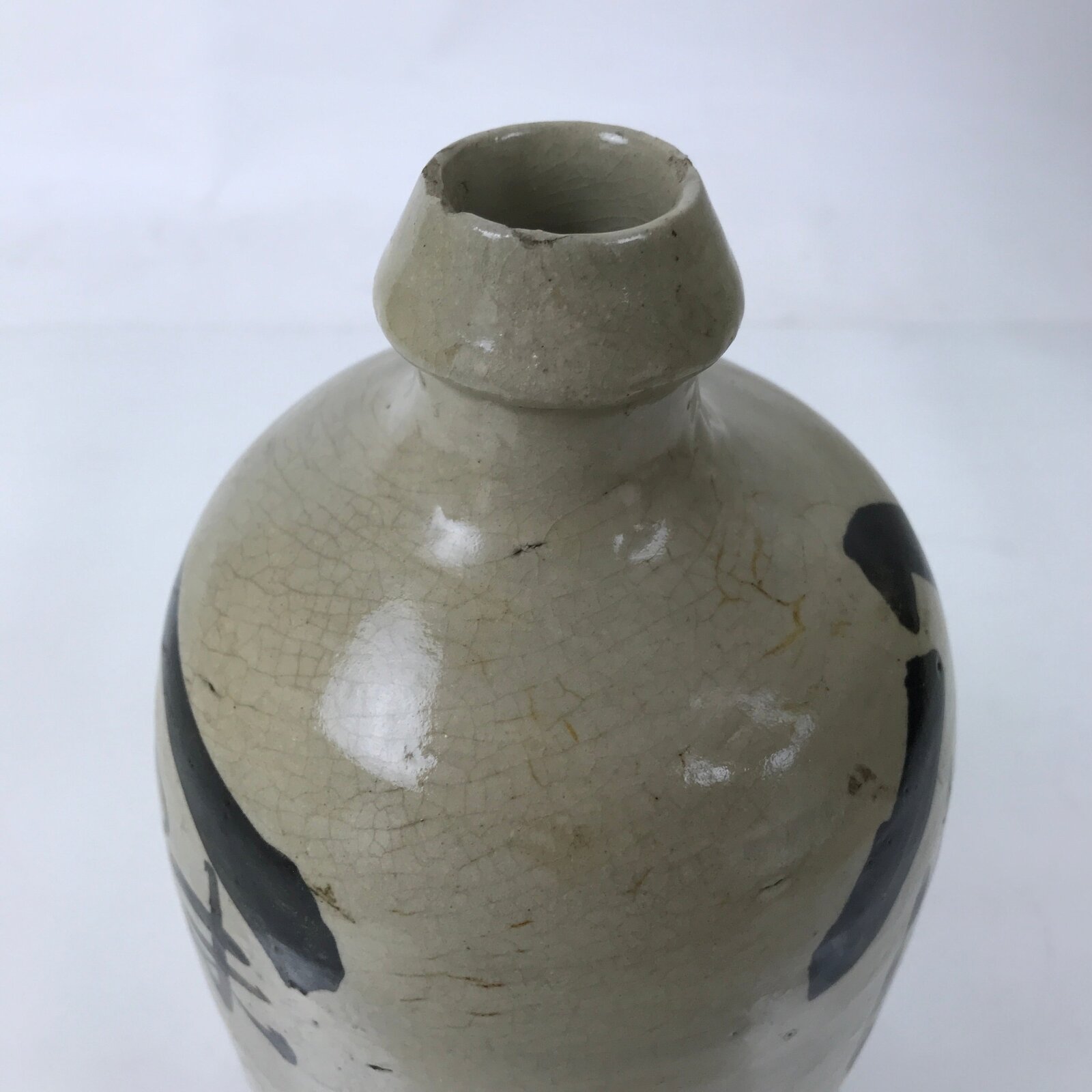 Antique Japanese Ceramic Sake Bottle Kayoi-Tokkuri Gray Black Kanji TS812