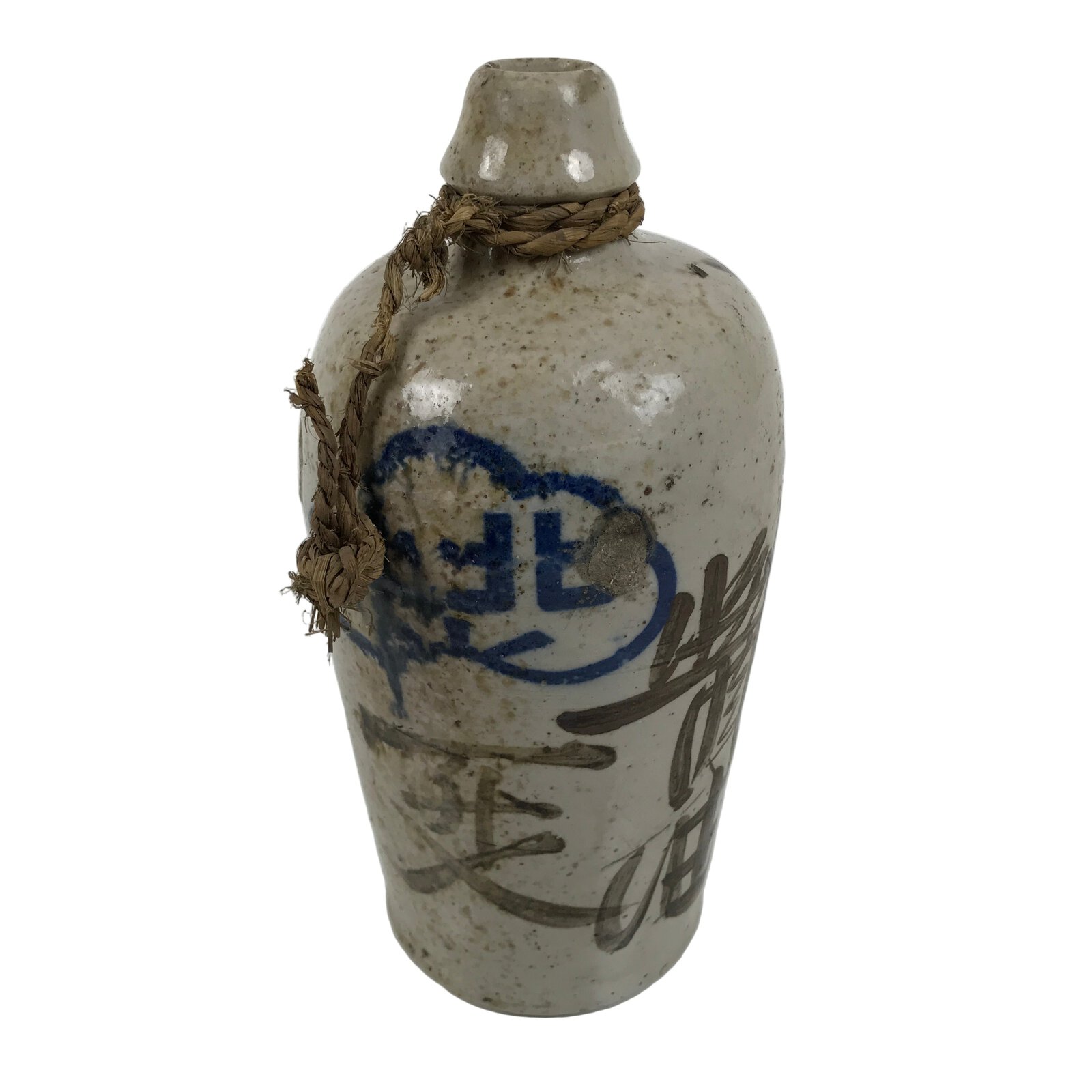 Antique Japanese Ceramic Sake Bottle Kayoi-Tokkuri Gray Brown Kanji Shoyu TS883