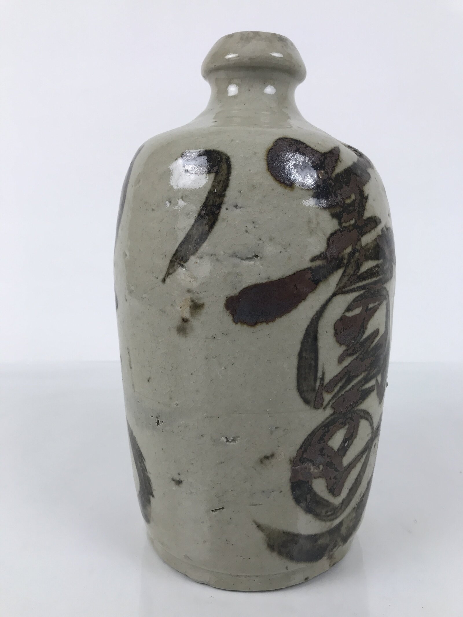 Antique Japanese Ceramic Sake Bottle Kayoi-Tokkuri Gray Brown Kanji TS914