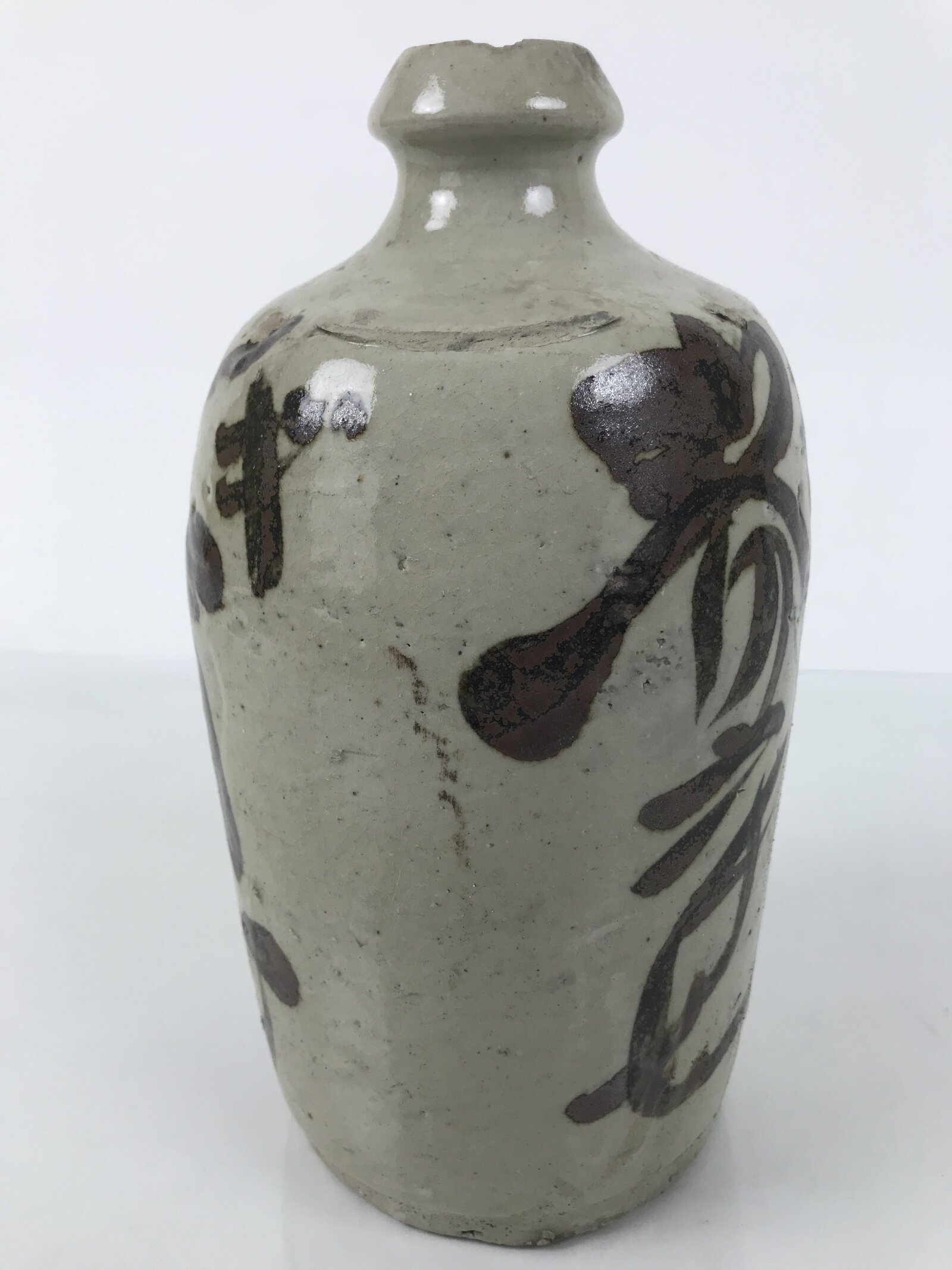 Antique Japanese Ceramic Sake Bottle Kayoi-Tokkuri Gray Brown Kanji TS914