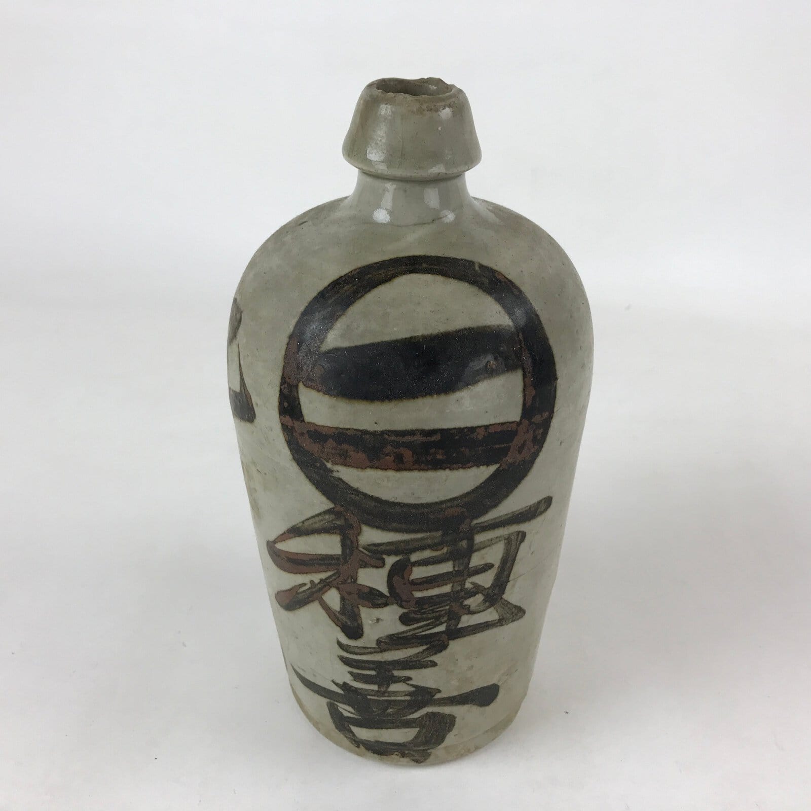 Antique Japanese Ceramic Sake Bottle Kayoi-Tokkuri Gray Hand-Written Kanji TS612