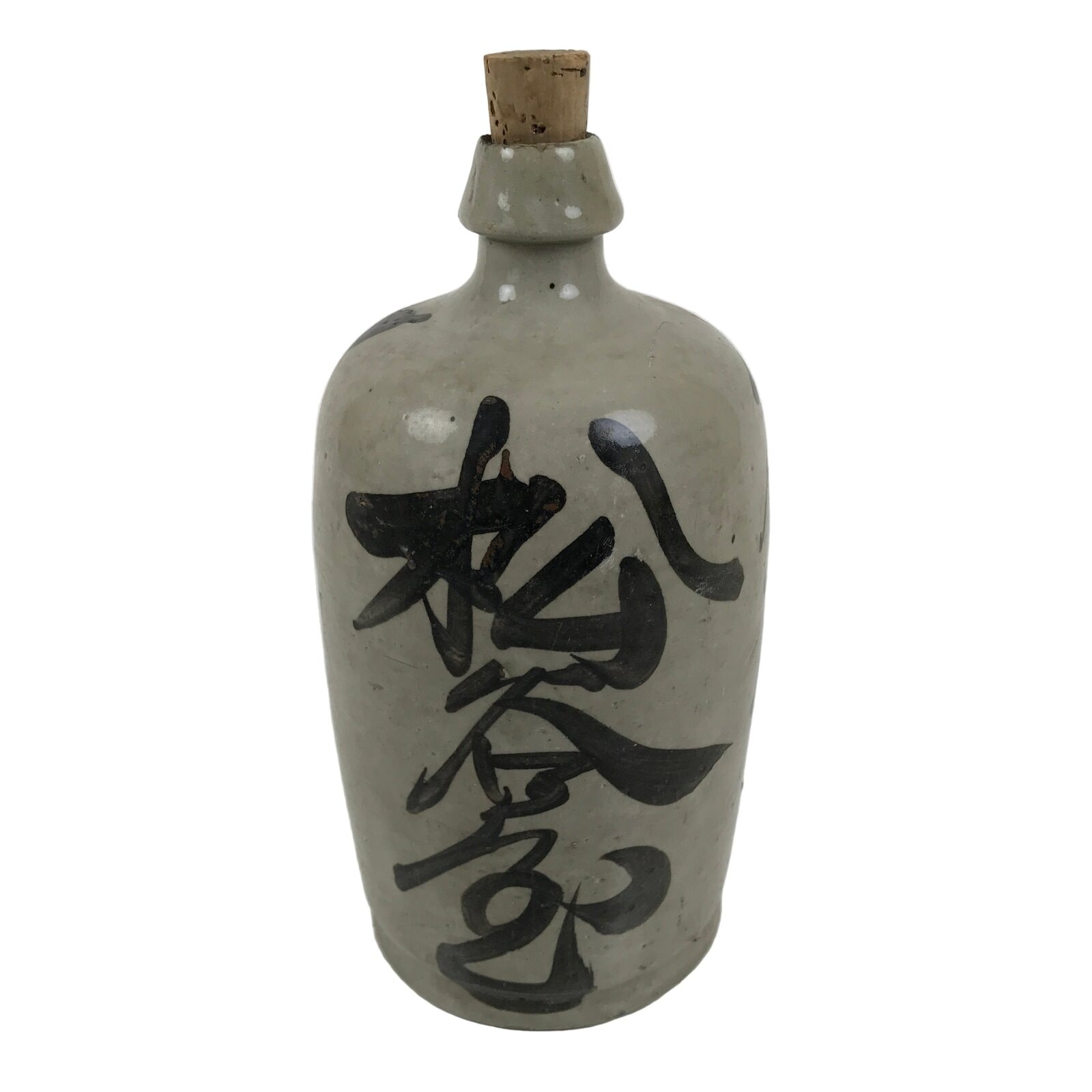 Antique Japanese Ceramic Sake Bottle Kayoi-Tokkuri Gray Kanji Cork Nishio TS861