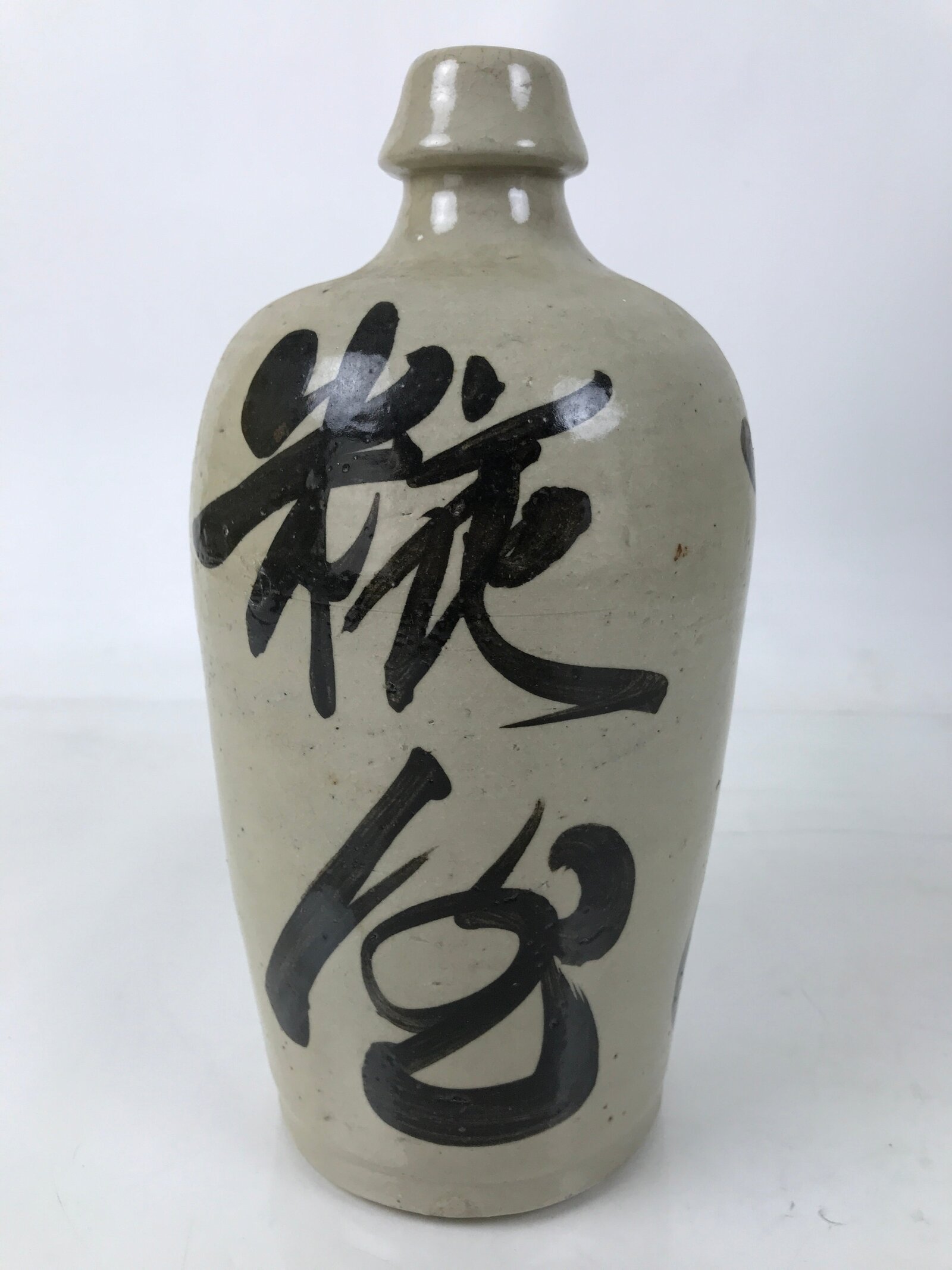 Antique Japanese Ceramic Sake Bottle Kayoi-Tokkuri Gray Kanji Kameyama TS813