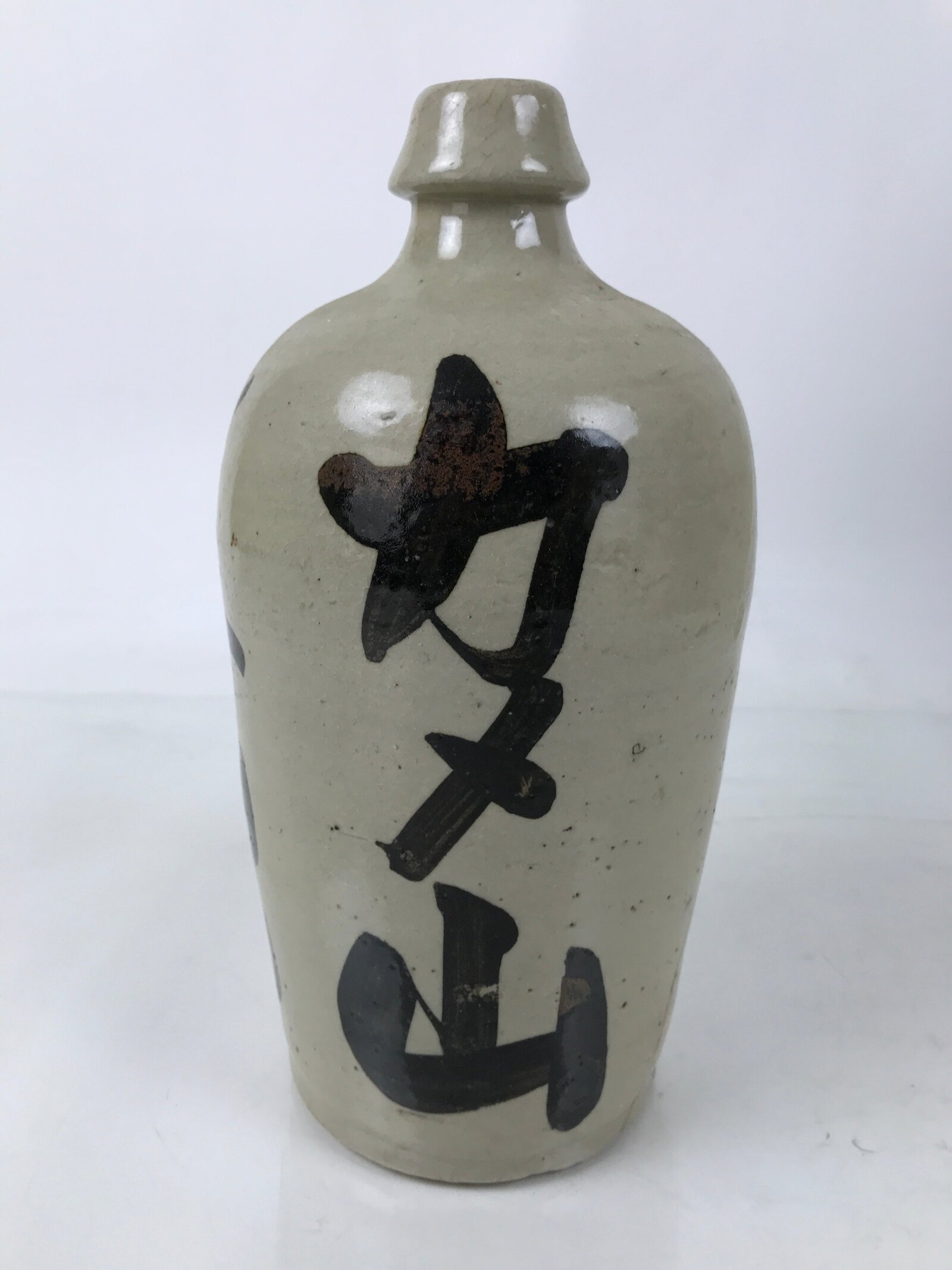 Antique Japanese Ceramic Sake Bottle Kayoi-Tokkuri Gray Kanji Kameyama TS813