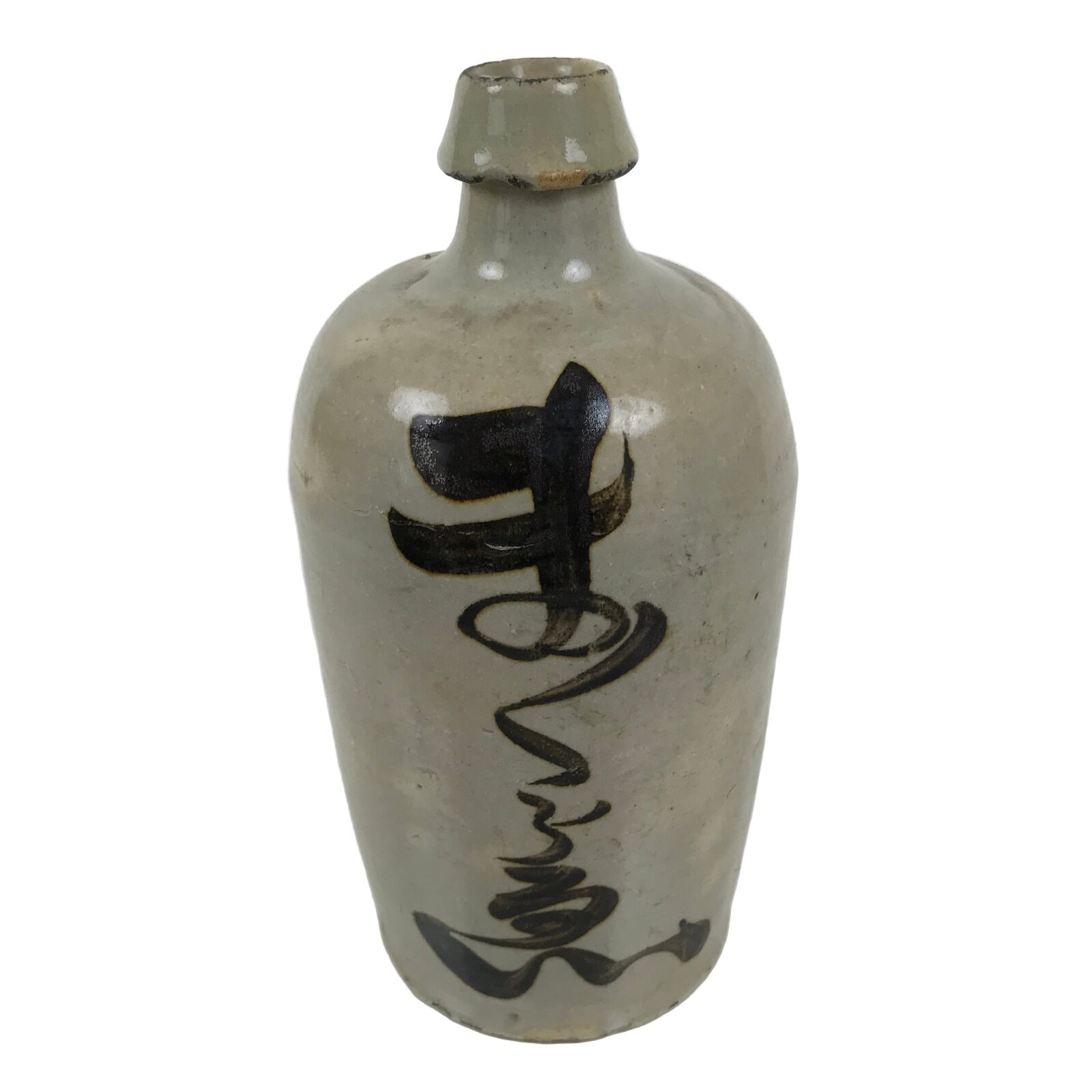 Antique Japanese Ceramic Sake Bottle Kayoi-Tokkuri Gray Kanji Suzukiya TS867