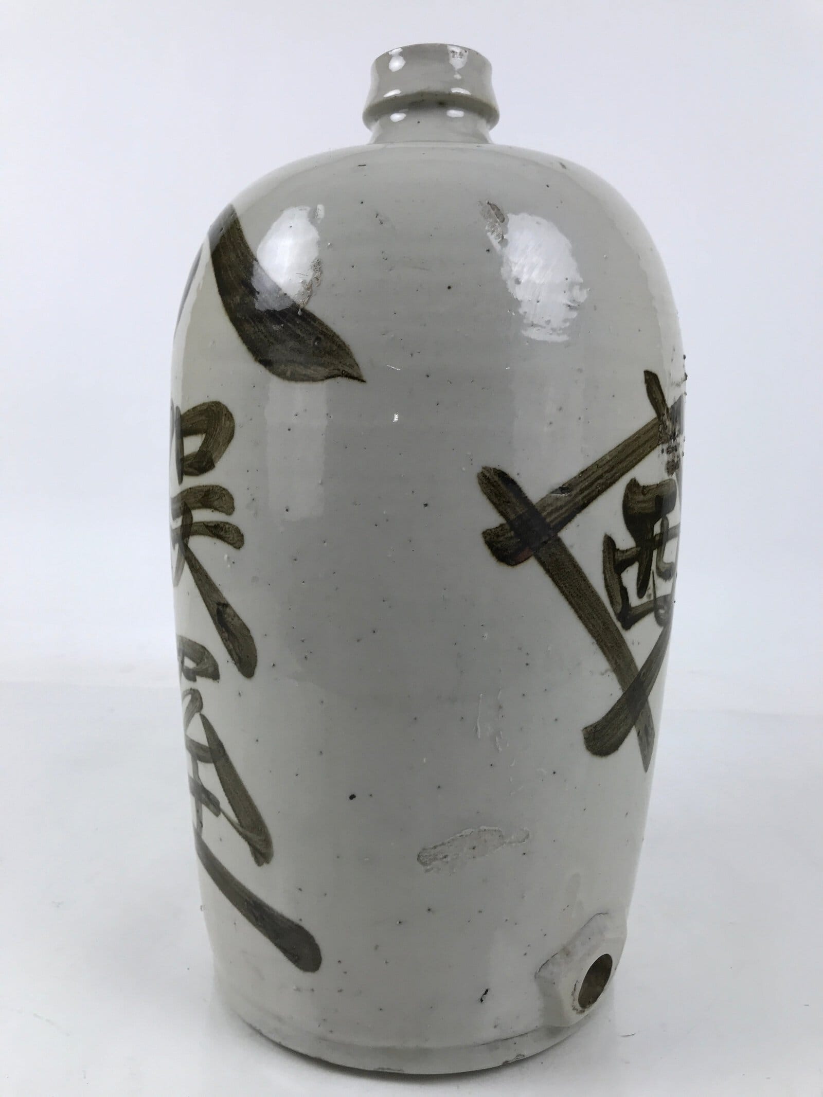Antique Japanese Ceramic Sake Bottle Kayoi-Tokkuri Spout Large Gray Kanji TS801