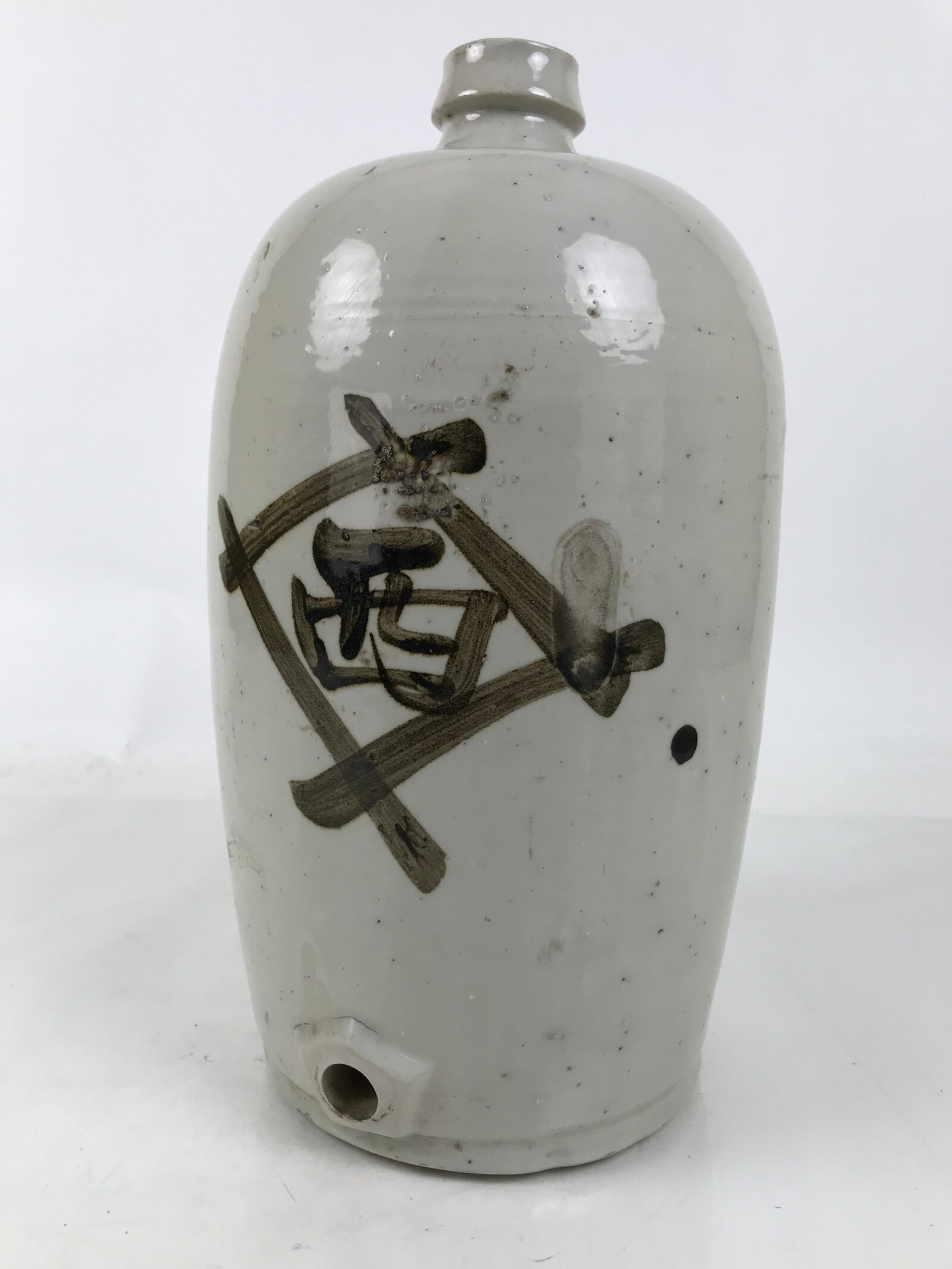 Antique Japanese Ceramic Sake Bottle Kayoi-Tokkuri Spout Large Gray Kanji TS801