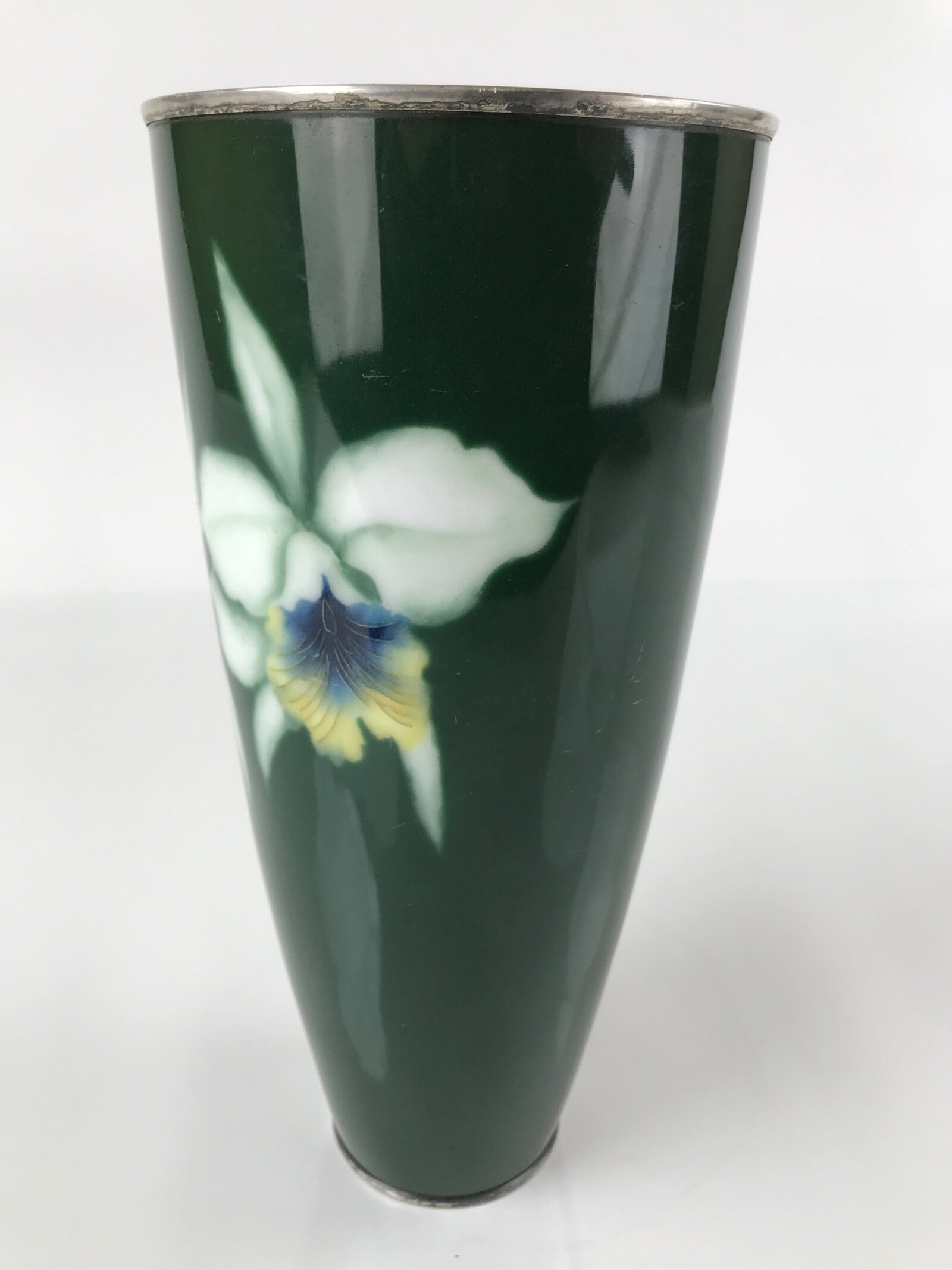 Antique Japanese Cloisonné Enamel Flower Vase Kabin Shippo Yusen Green FK95
