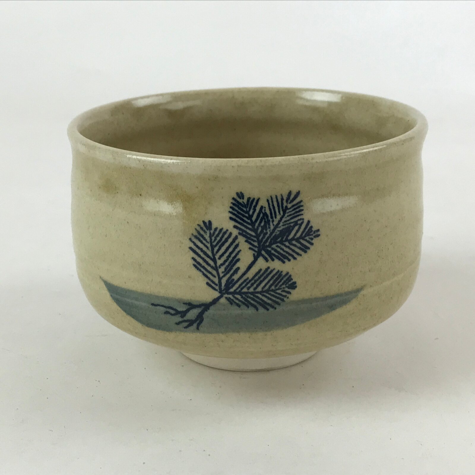Antique Japanese Green Tea Ceremony Bowl Vtg Beige Pine Tree Matcha Chawan CHB4