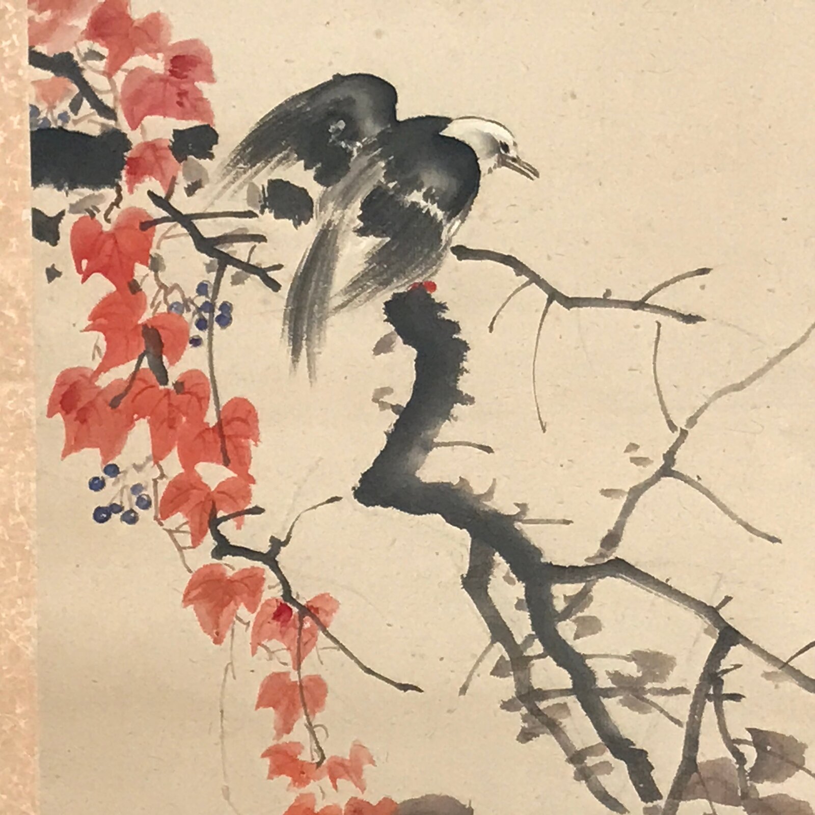 Antique Japanese Hanging Scroll Kakejiku Bird Muku Tree Fruit Red Leaves KJ192