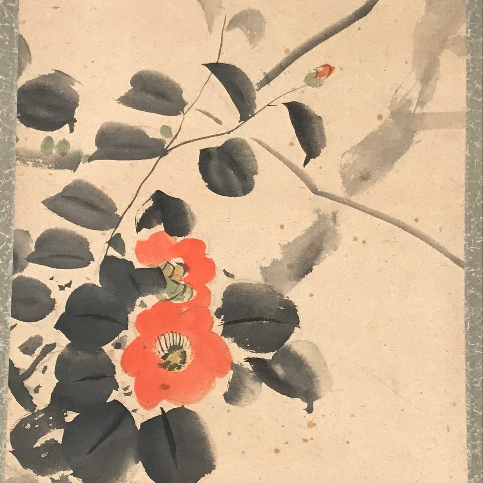 Antique Japanese Hanging Scroll Kakejiku Camellia Flower Winter Black Red KJ188