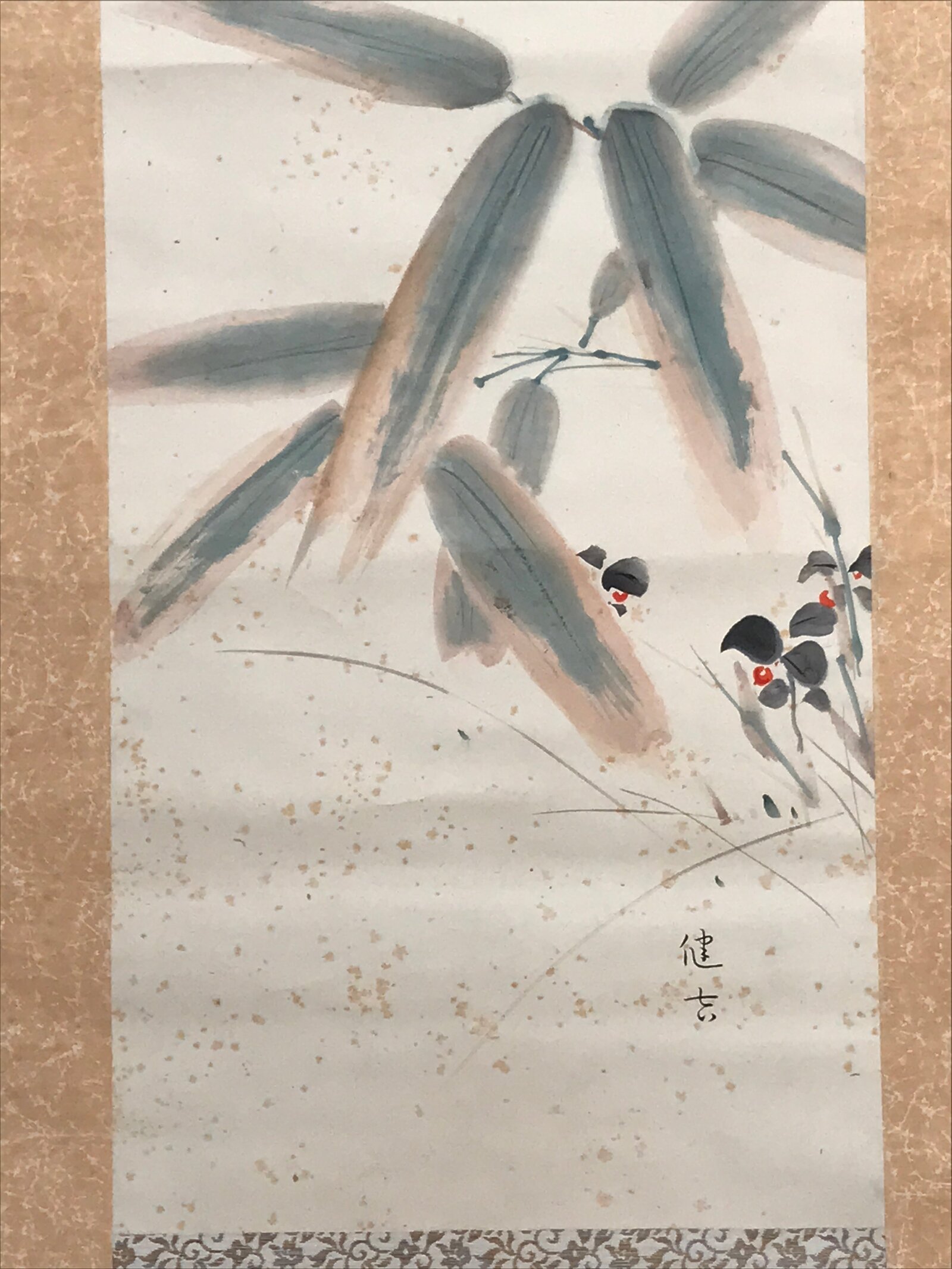 Antique Japanese Hanging Scroll Kakejiku Flying Bird Bamboo Leaves Color KJ191