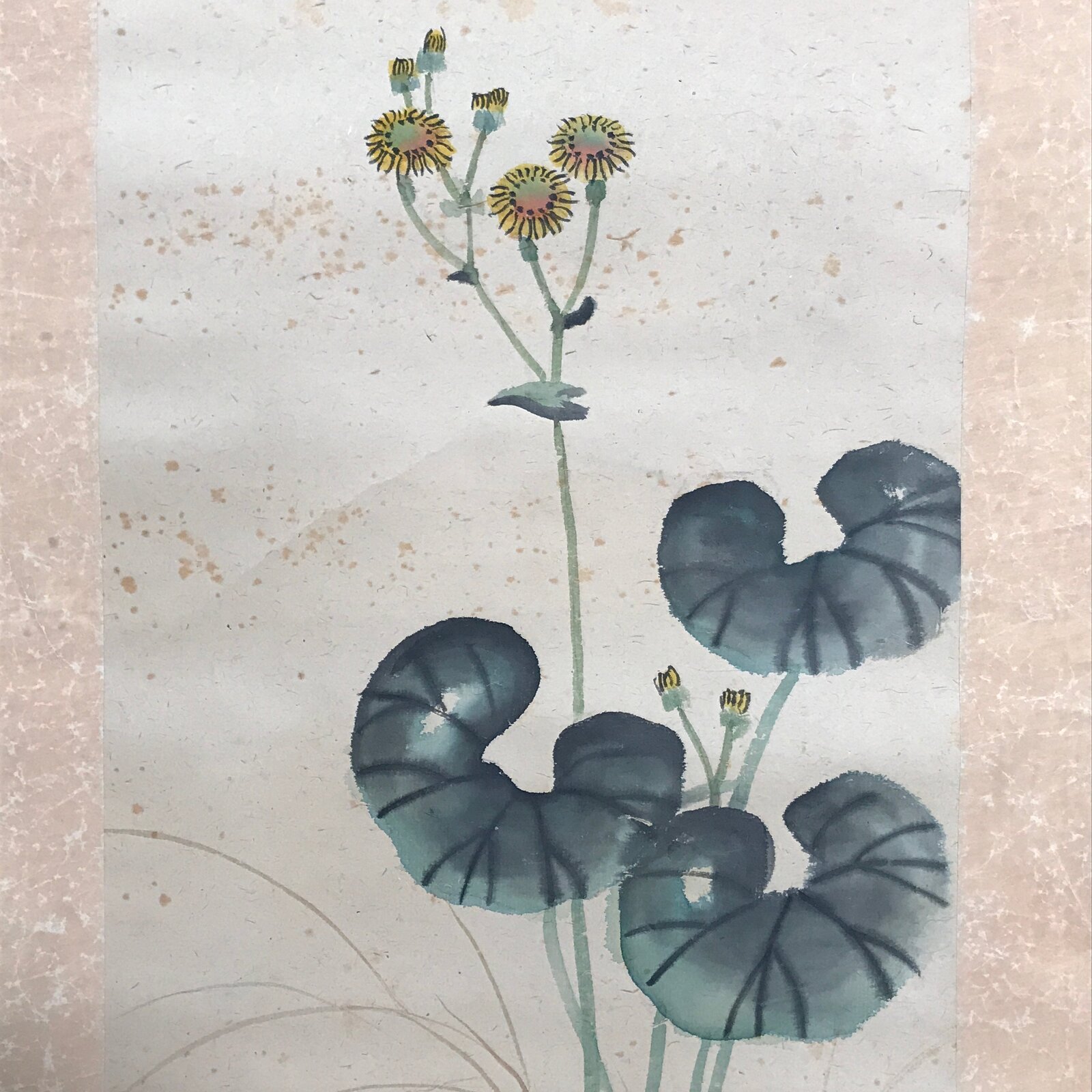 Antique Japanese Hanging Scroll Kakejiku Leopard Plant Bird Green Yellow KJ189