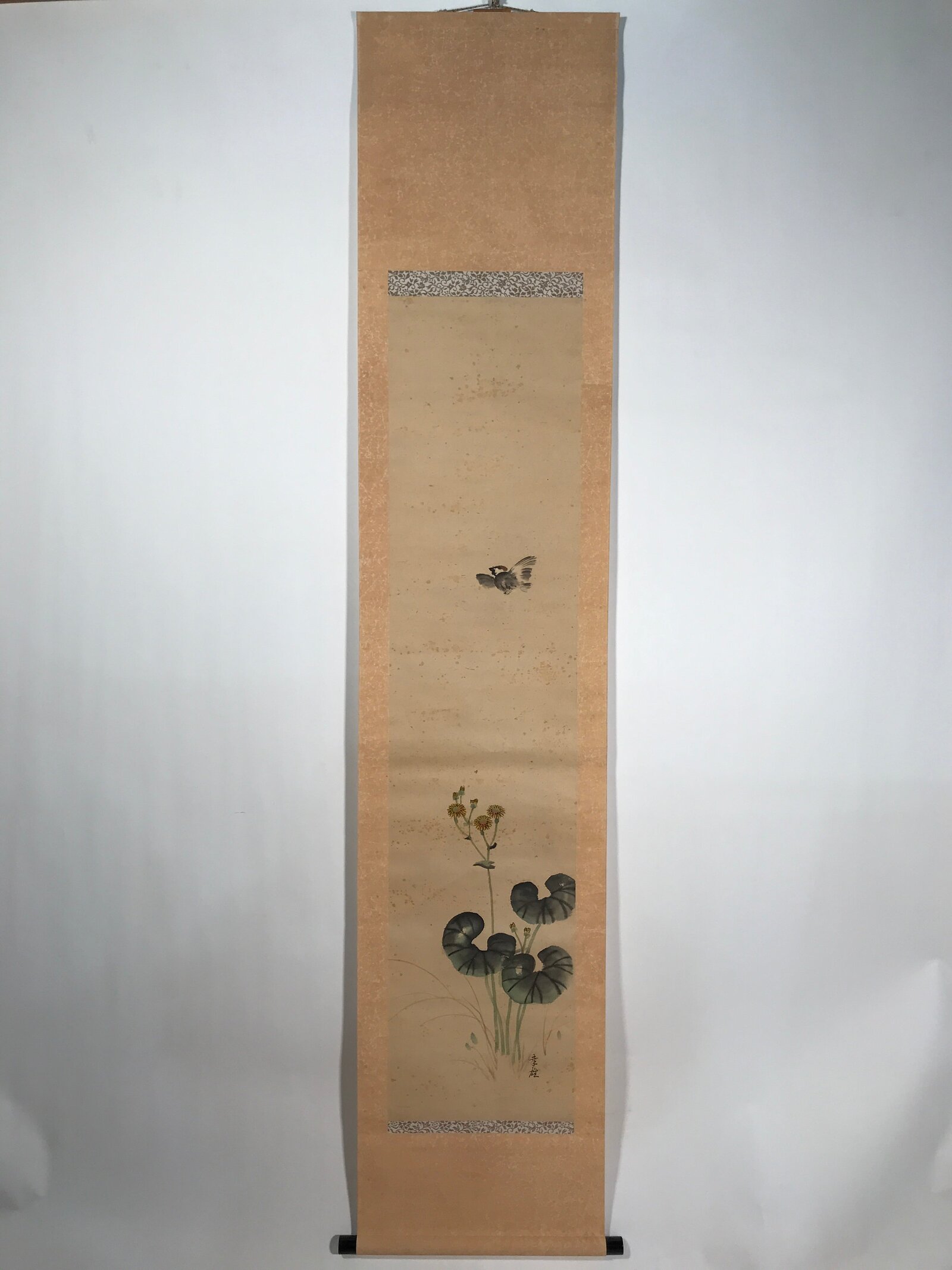 Antique Japanese Hanging Scroll Kakejiku Leopard Plant Bird Green Yellow KJ189