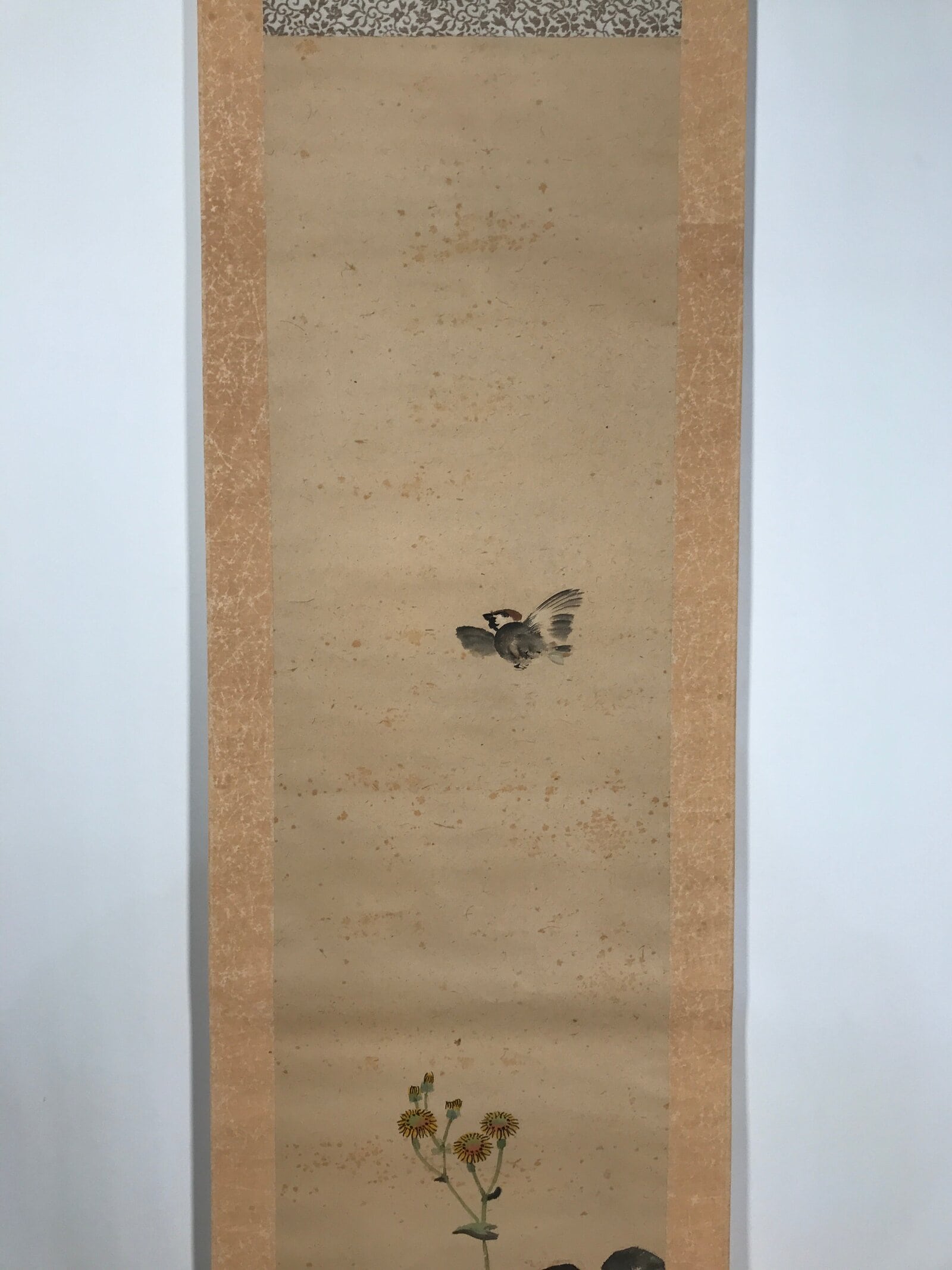 Antique Japanese Hanging Scroll Kakejiku Leopard Plant Bird Green Yellow KJ189