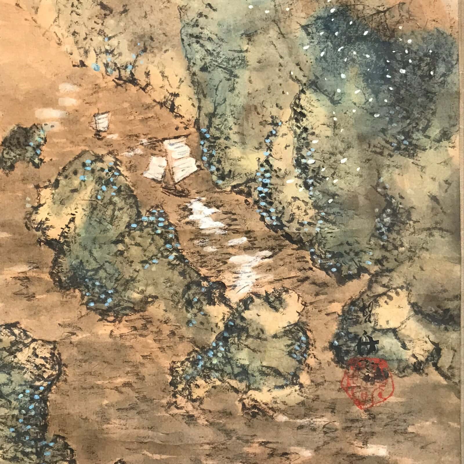 Antique Japanese Hanging Scroll Vtg Kakejiku Mountain River Boats Ink Color KJ94