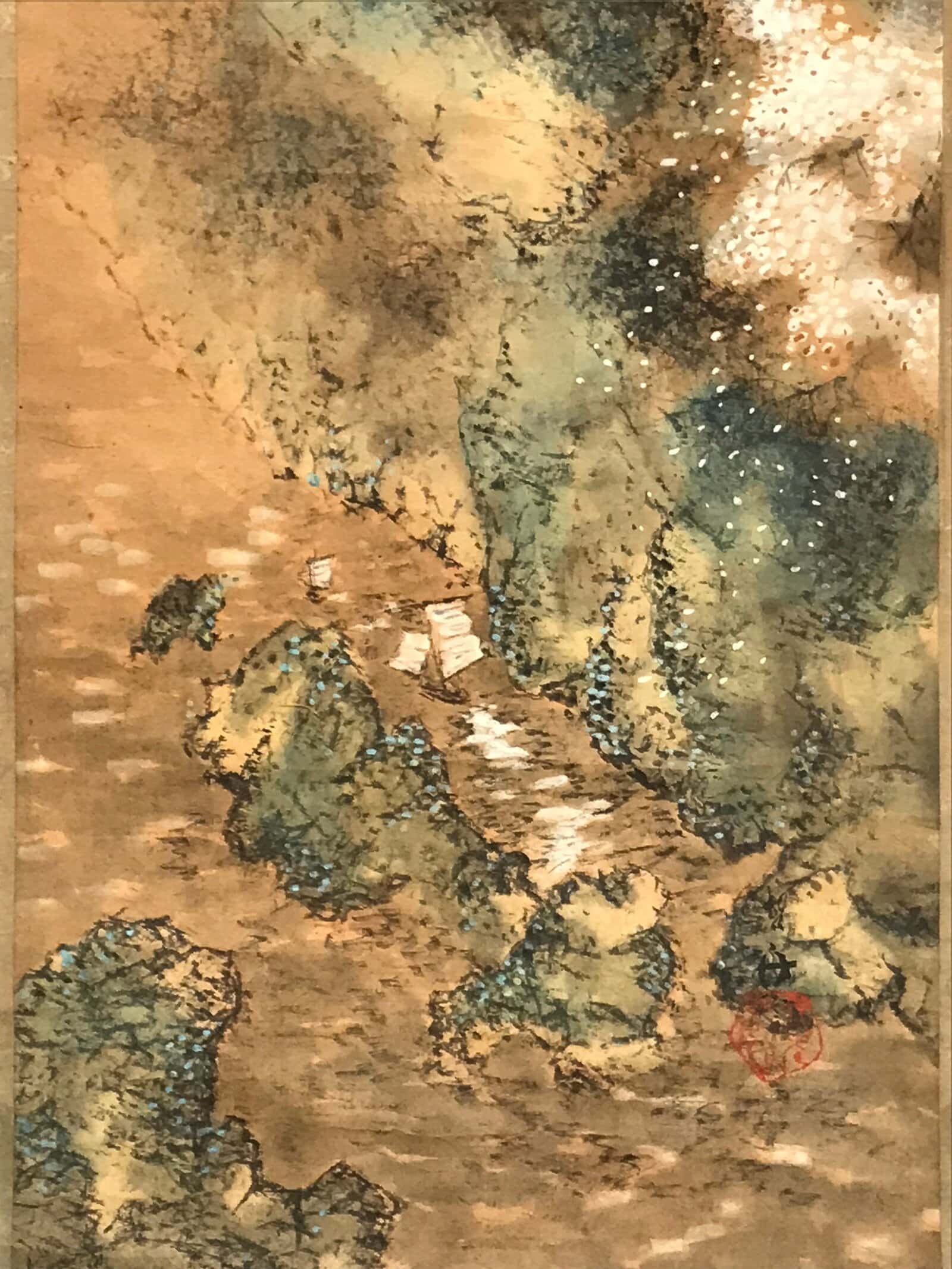 Antique Japanese Hanging Scroll Vtg Kakejiku Mountain River Boats Ink Color KJ94