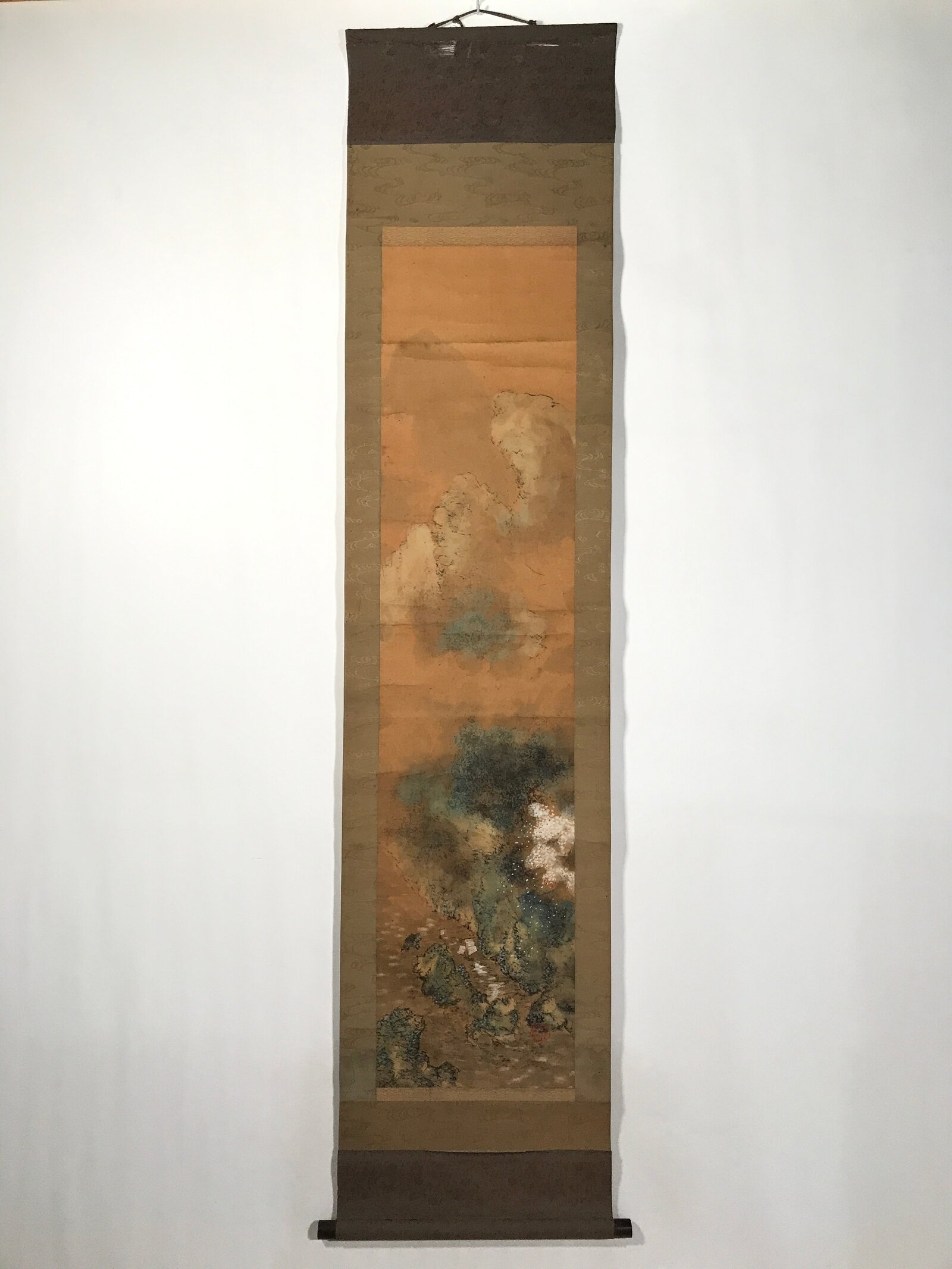 Antique Japanese Hanging Scroll Vtg Kakejiku Mountain River Boats Ink Color KJ94