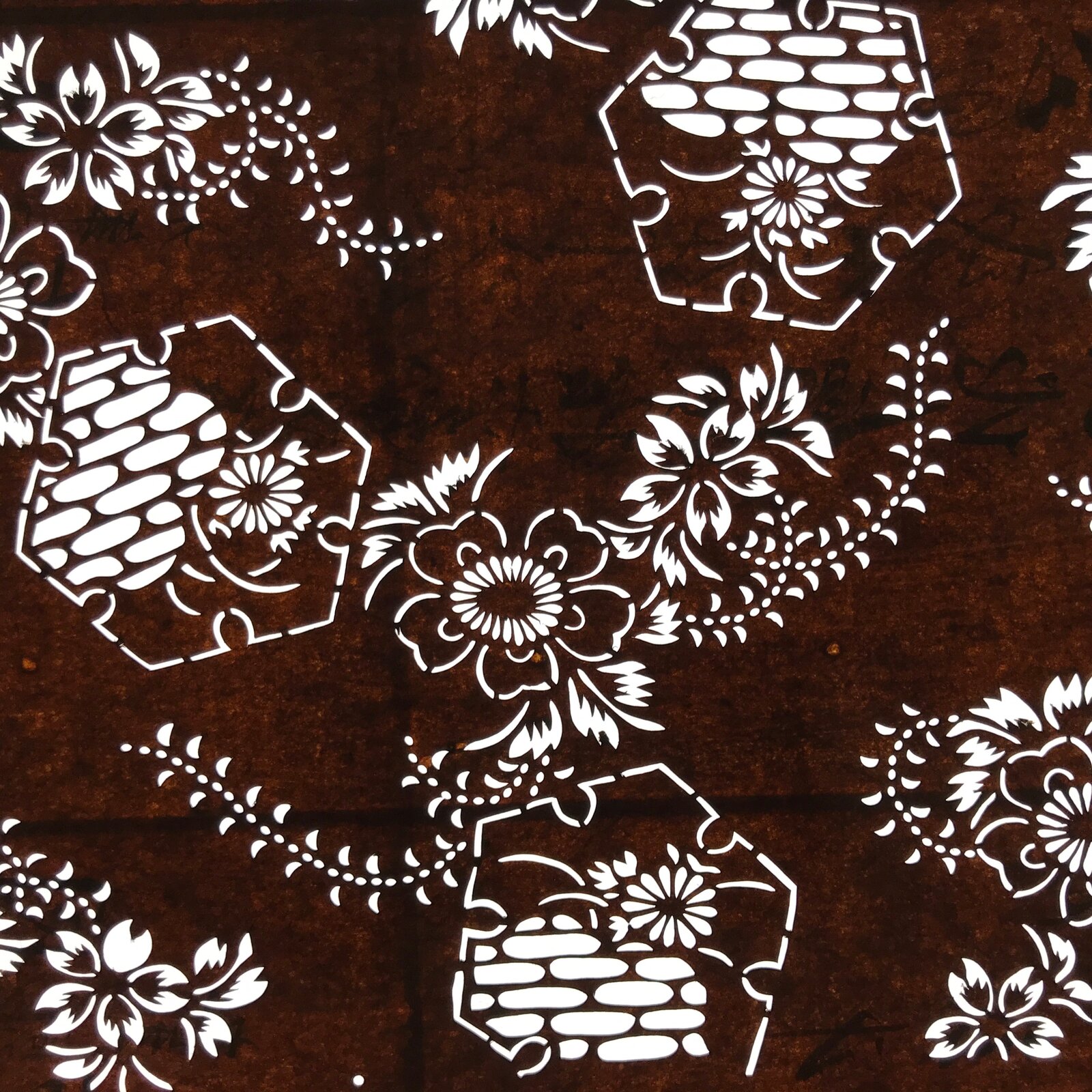 Antique Japanese Ise Katagami Paper Kimono Stencil Floral Snowflake Yukiwa A746