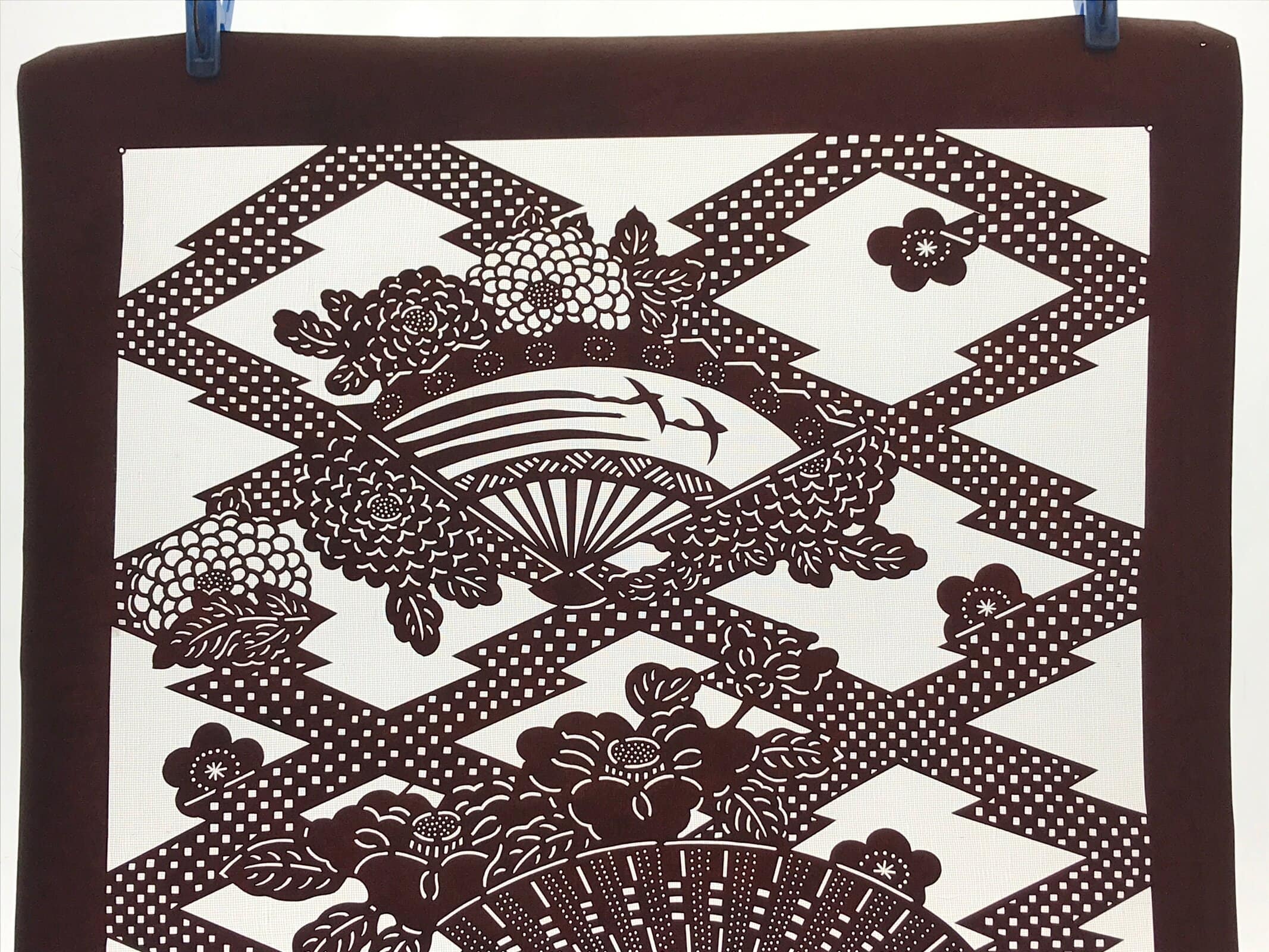 Antique Japanese Katagami Kimono Paper Stencil Folding Fan Uchiwa Flower 4Y490