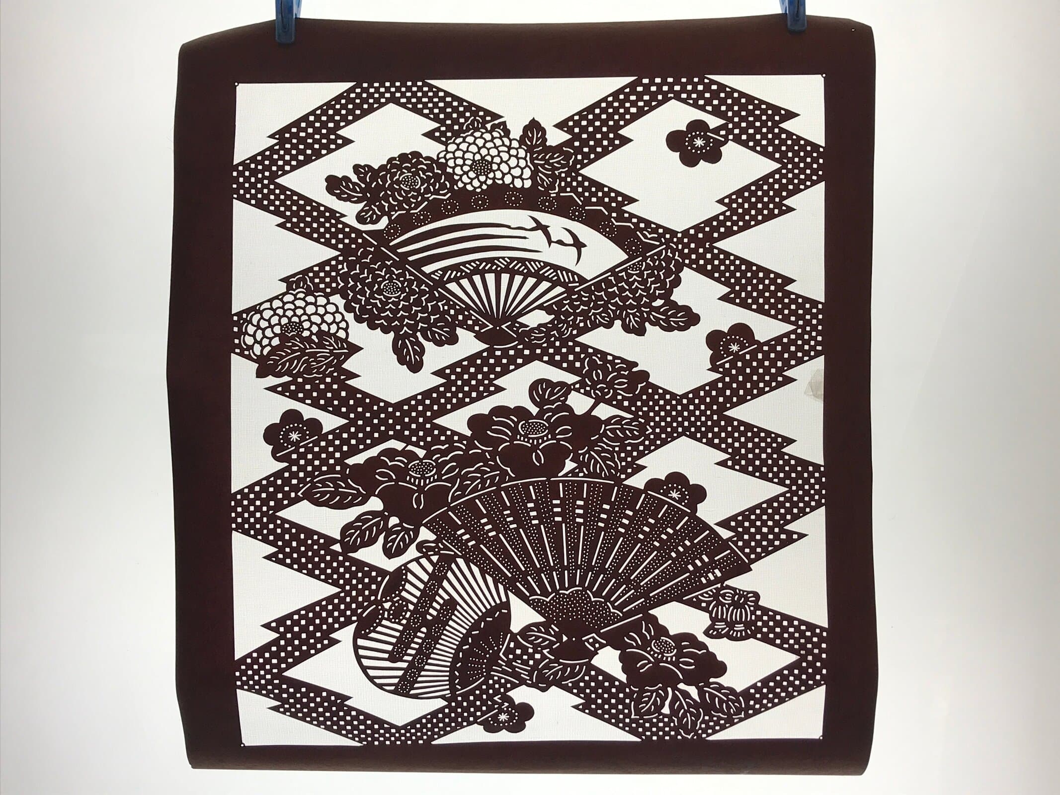 Antique Japanese Katagami Kimono Paper Stencil Folding Fan Uchiwa Flower 4Y490