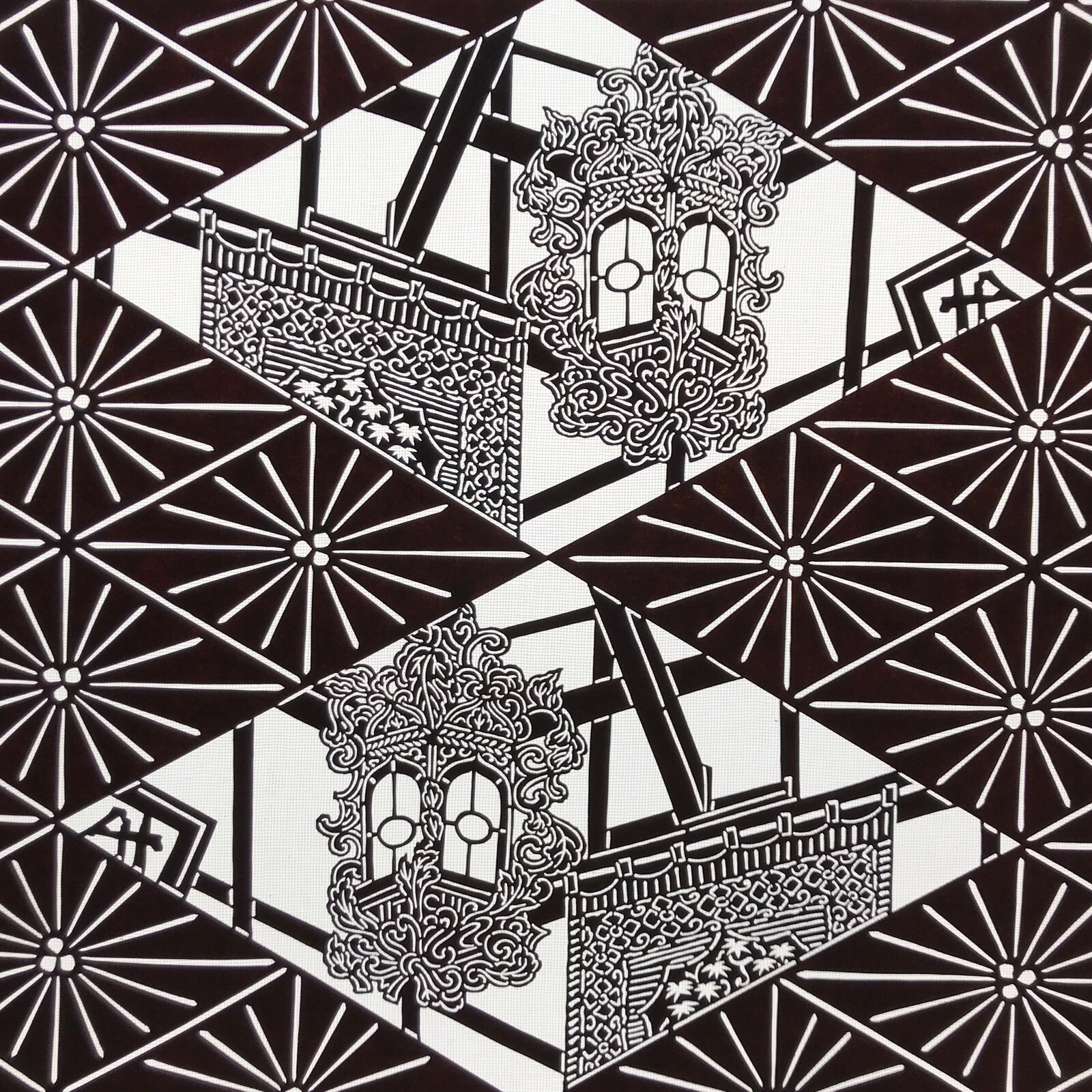 Antique Japanese Katagami Kimono Paper Stencil Katazome Lantern Curtain 4Y641