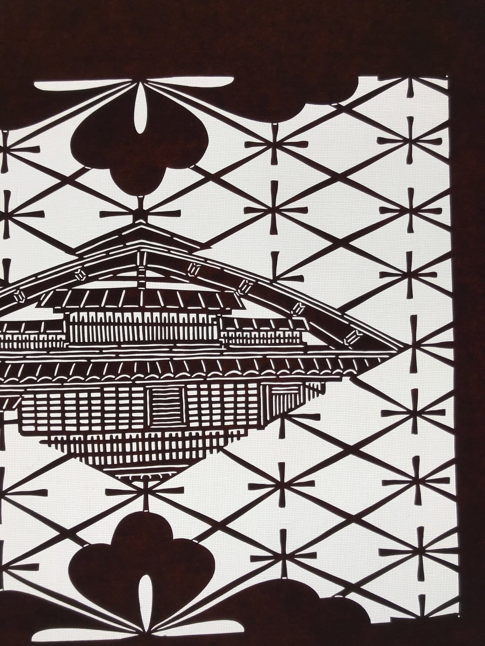 Antique Japanese Katagami Kimono Paper Stencil Katazome Temple Roof Floral 4Y640