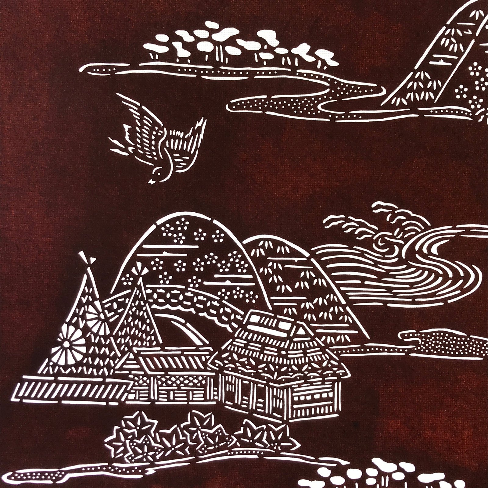 Antique Japanese Katagami Kimono Paper Stencil Mountain Village Bird 4Y485