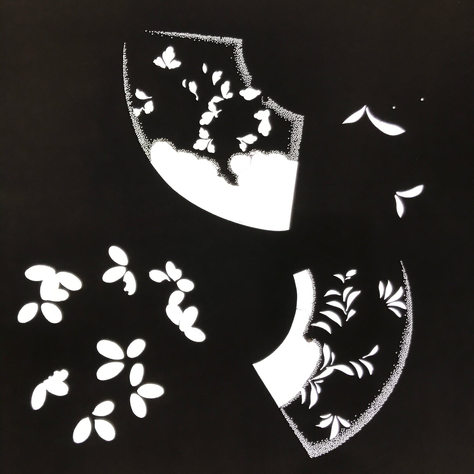 Antique Japanese Katagami Paper Kimono Stencil Katazome Folding Fan Plants C921