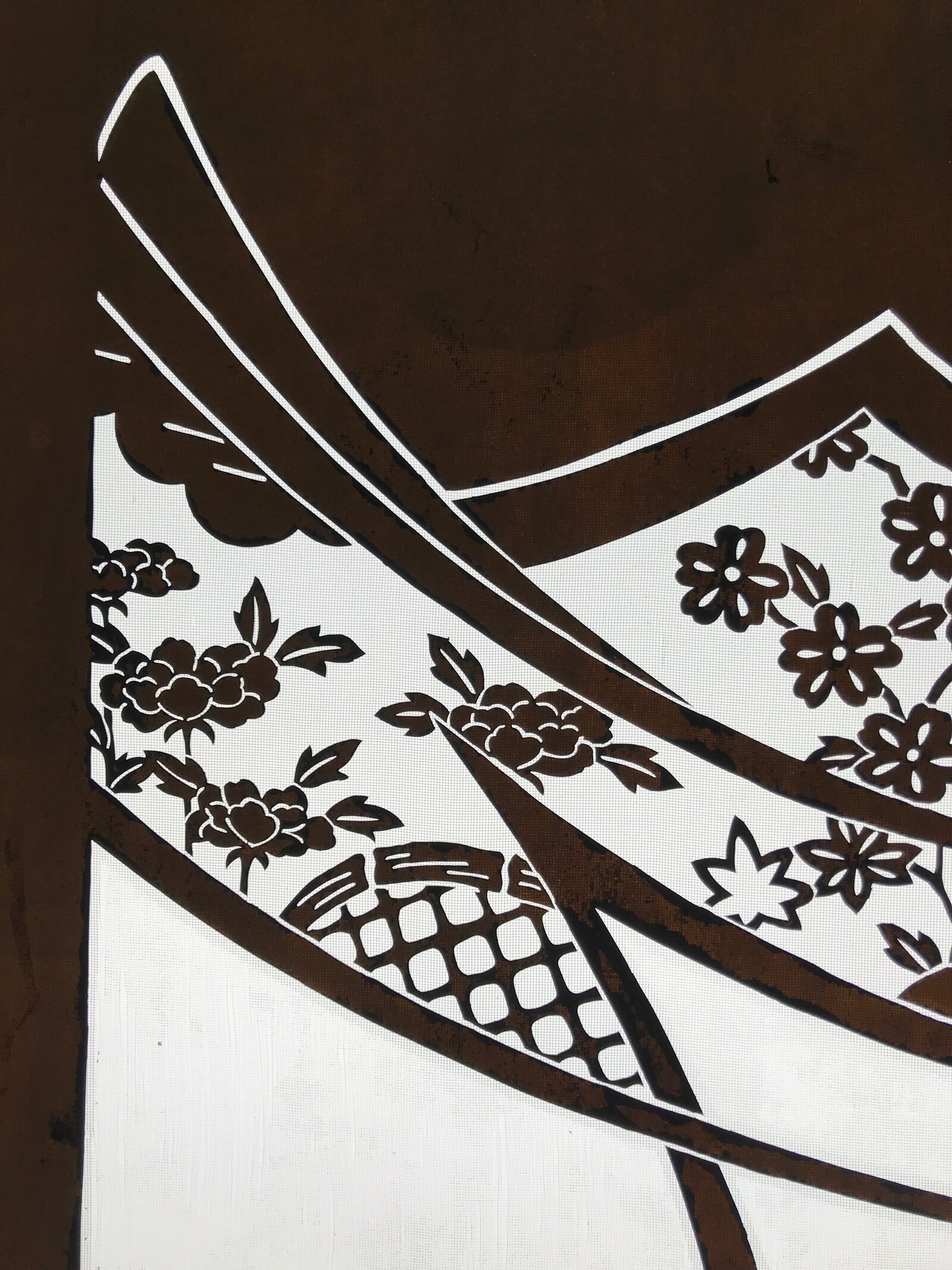 Antique Japanese Katagami Paper Kimono Stencil Katazome Peony Flowers House C962