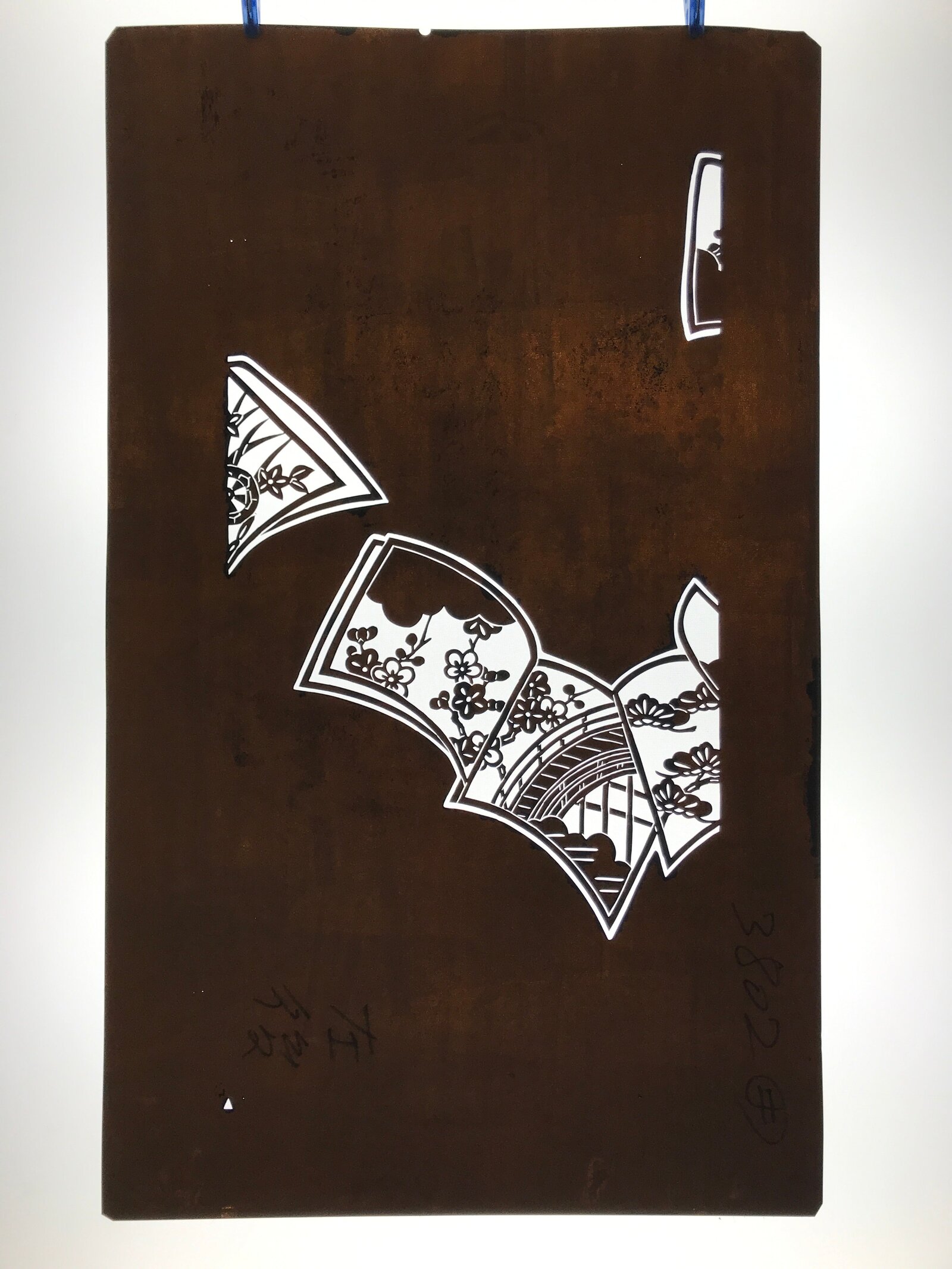 Antique Japanese Katagami Paper Kimono Stencil Katazome Plum Flowers Bridge C963