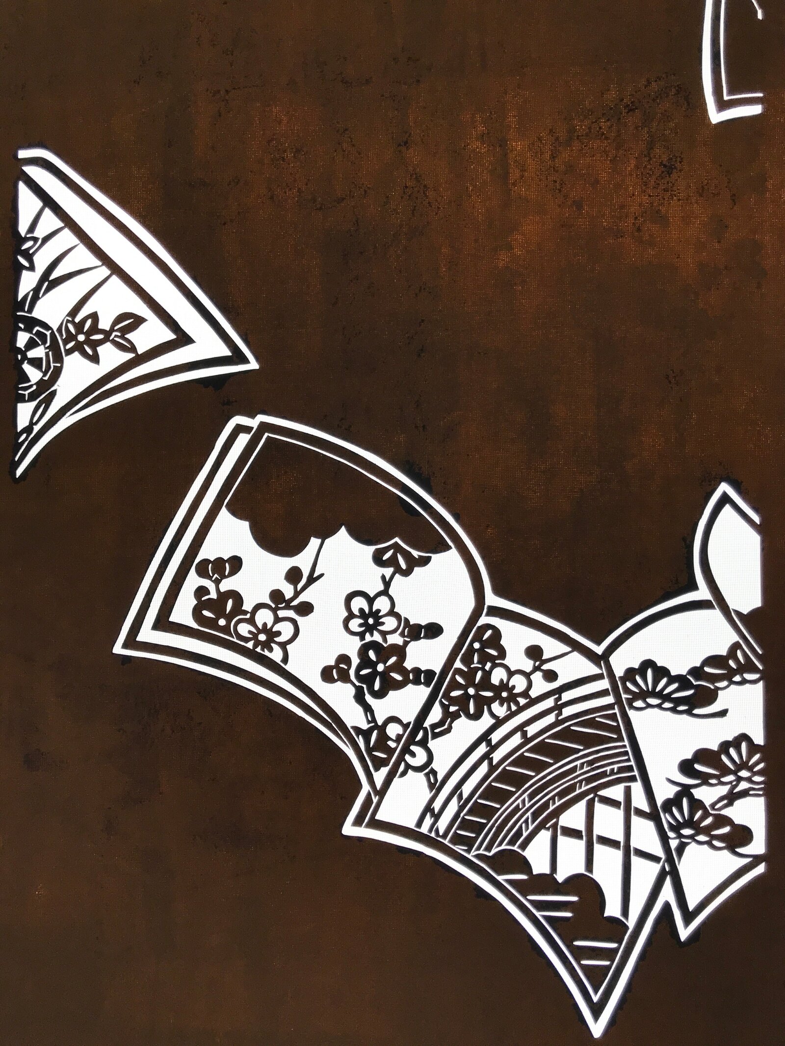 Antique Japanese Katagami Paper Kimono Stencil Katazome Plum Flowers Bridge C963