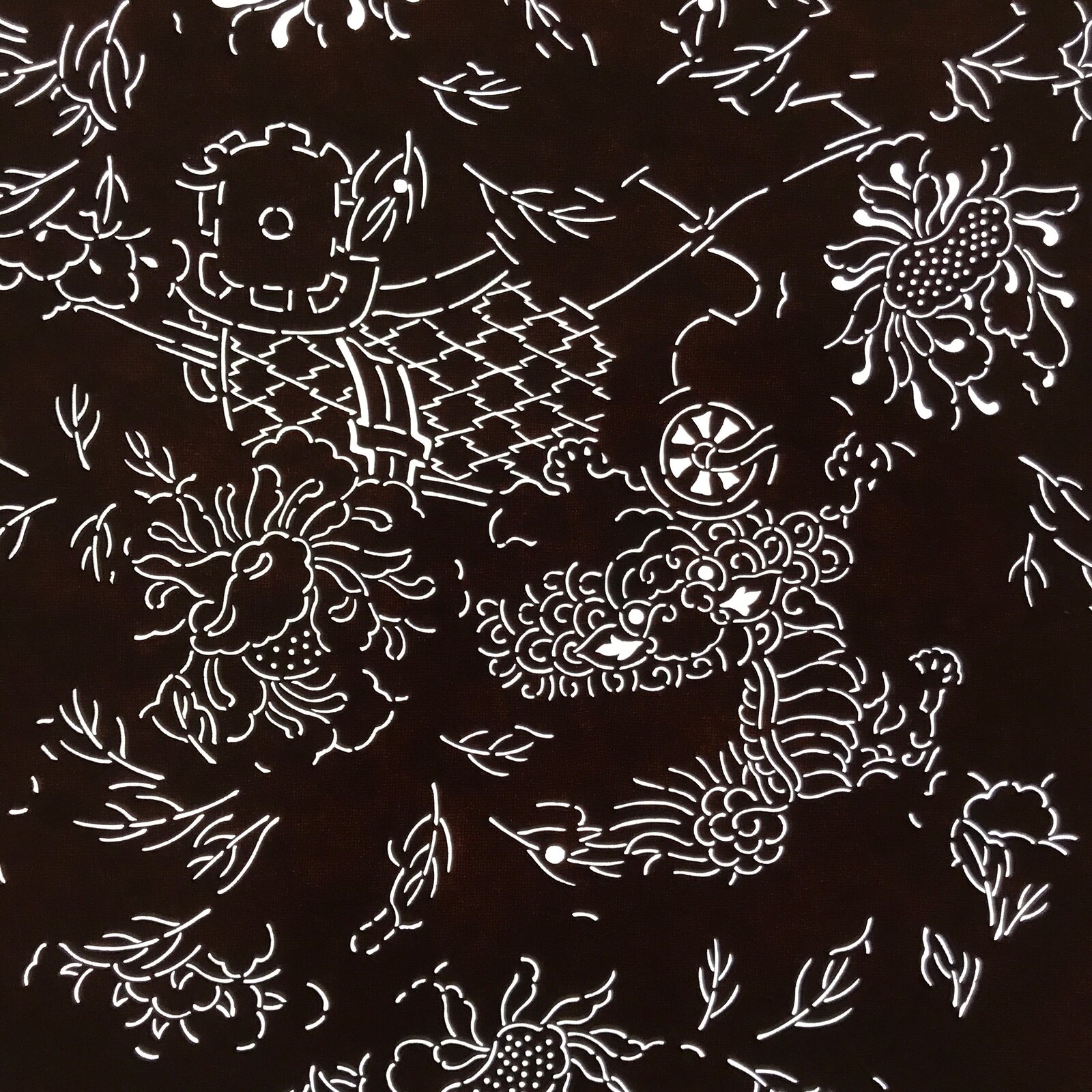 Antique Japanese Katagami Paper Kimono Stencil Katazome Shishi Lion Peony C939