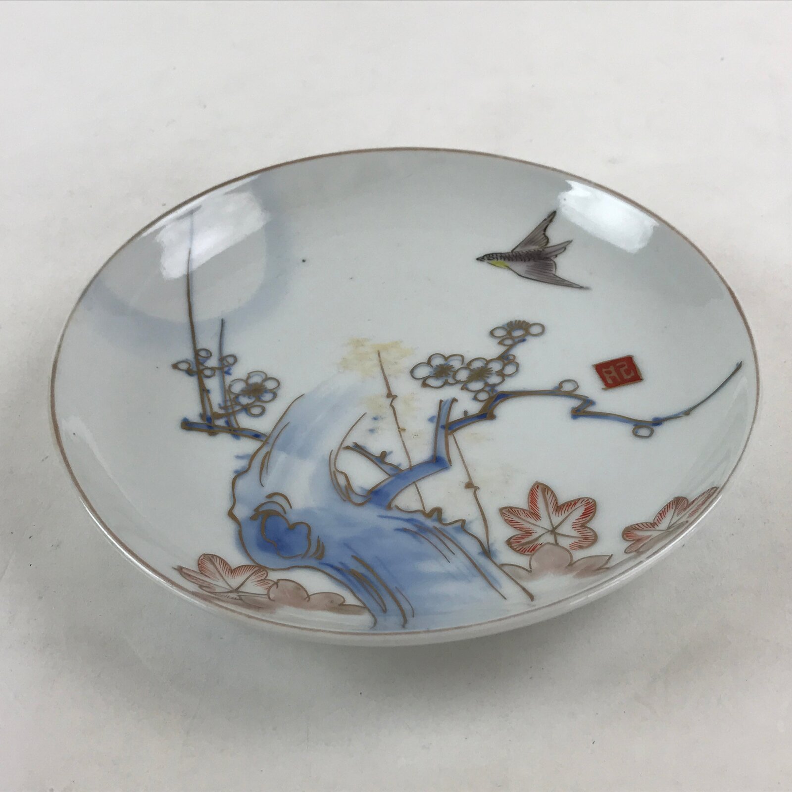 Antique Japanese Koimari Imari Plate Plum Blossom Nightingale Kozara Gold PY374
