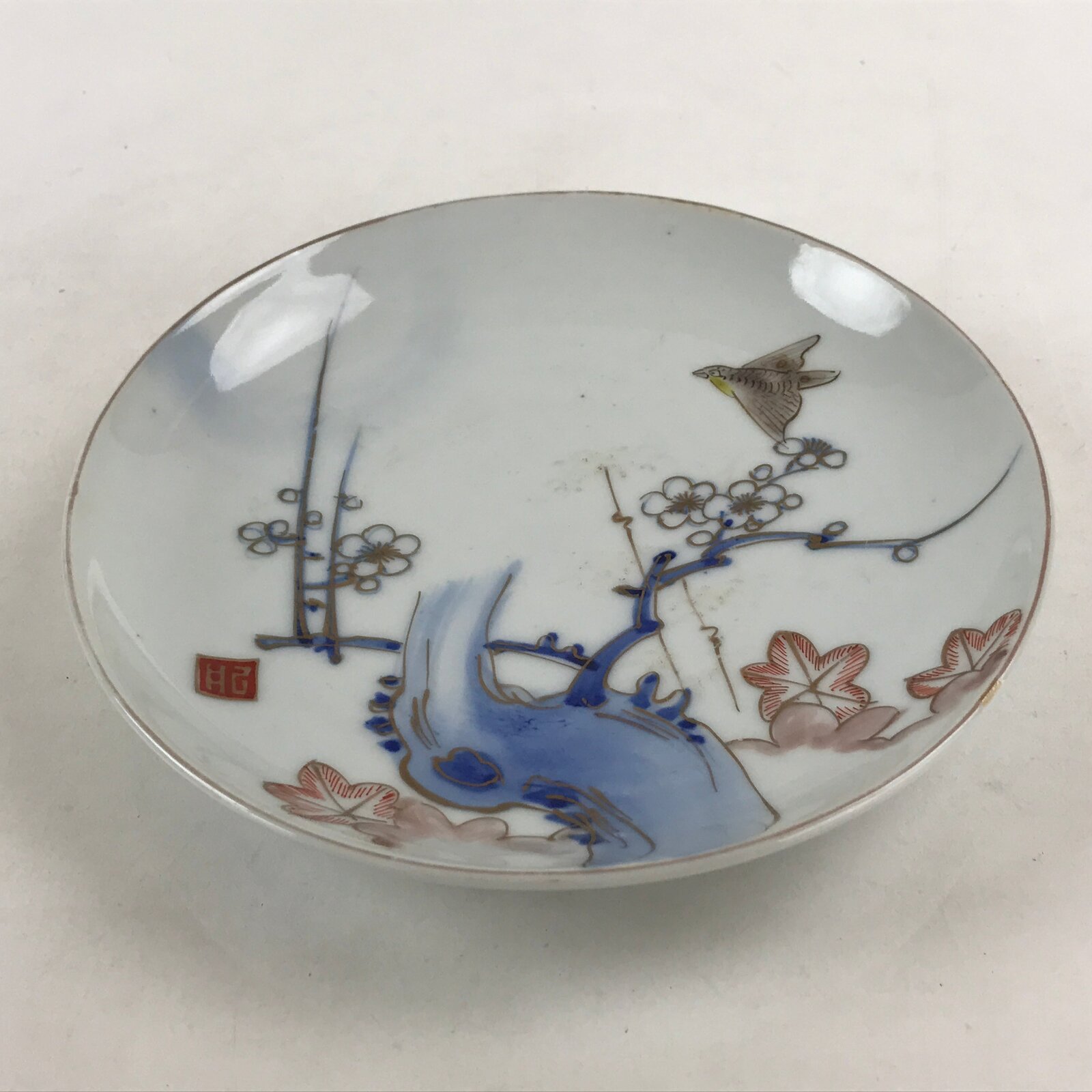 Antique Japanese Koimari Imari Plate Plum Blossom Nightingale Kozara Gold PY377