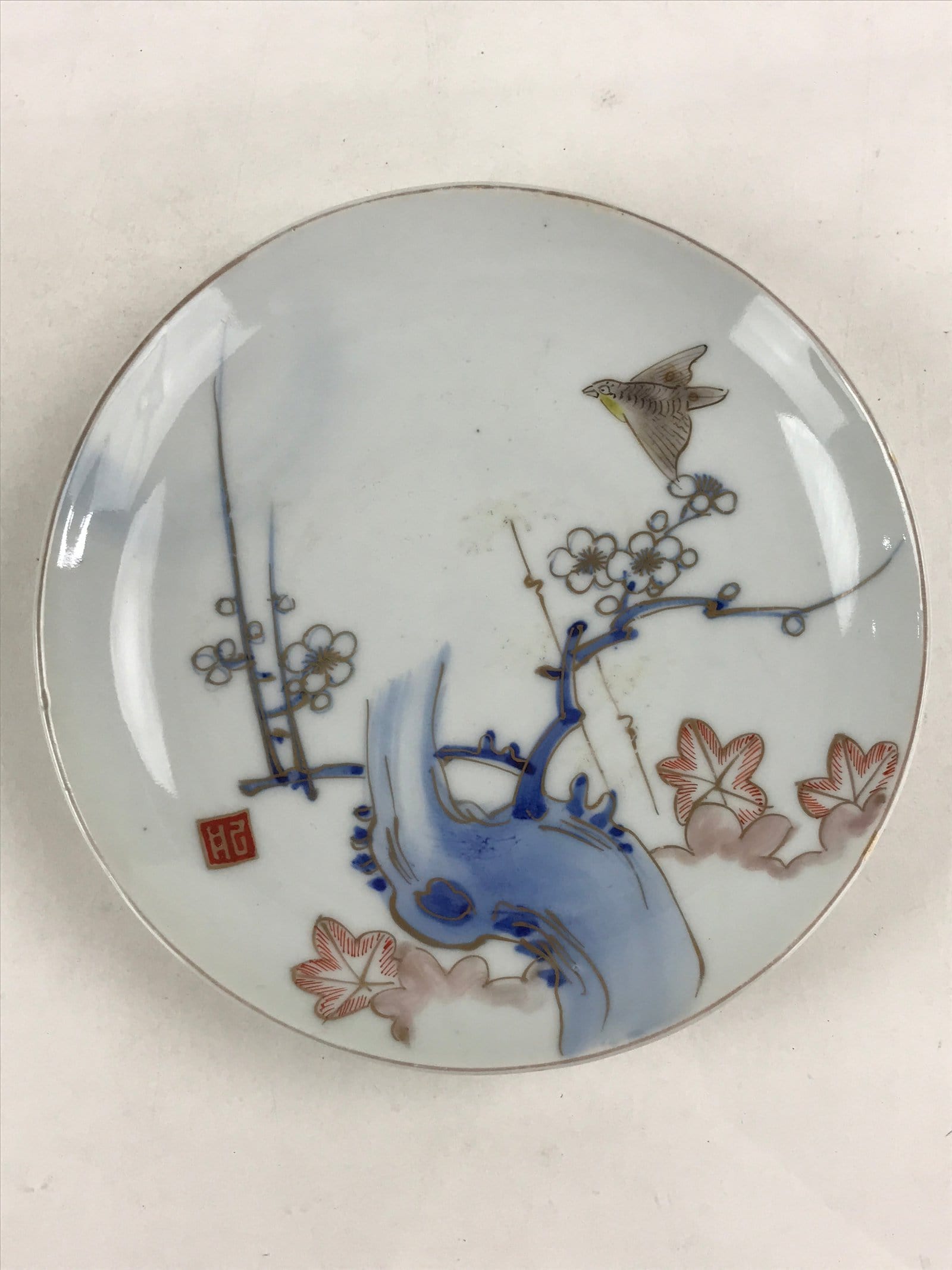 Antique Japanese Koimari Imari Plate Plum Blossom Nightingale Kozara Gold PY377