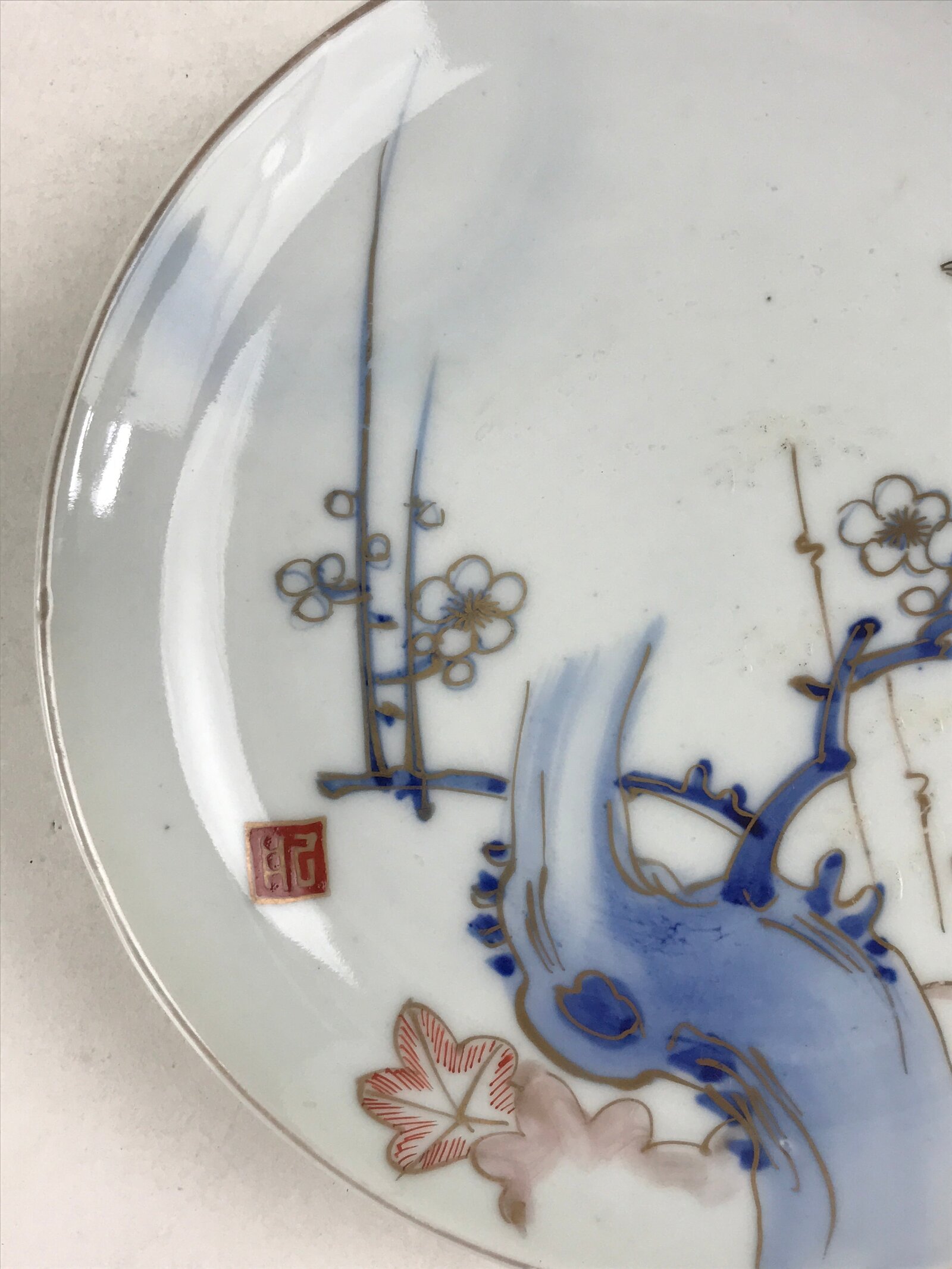 Antique Japanese Koimari Imari Plate Plum Blossom Nightingale Kozara Gold PY377