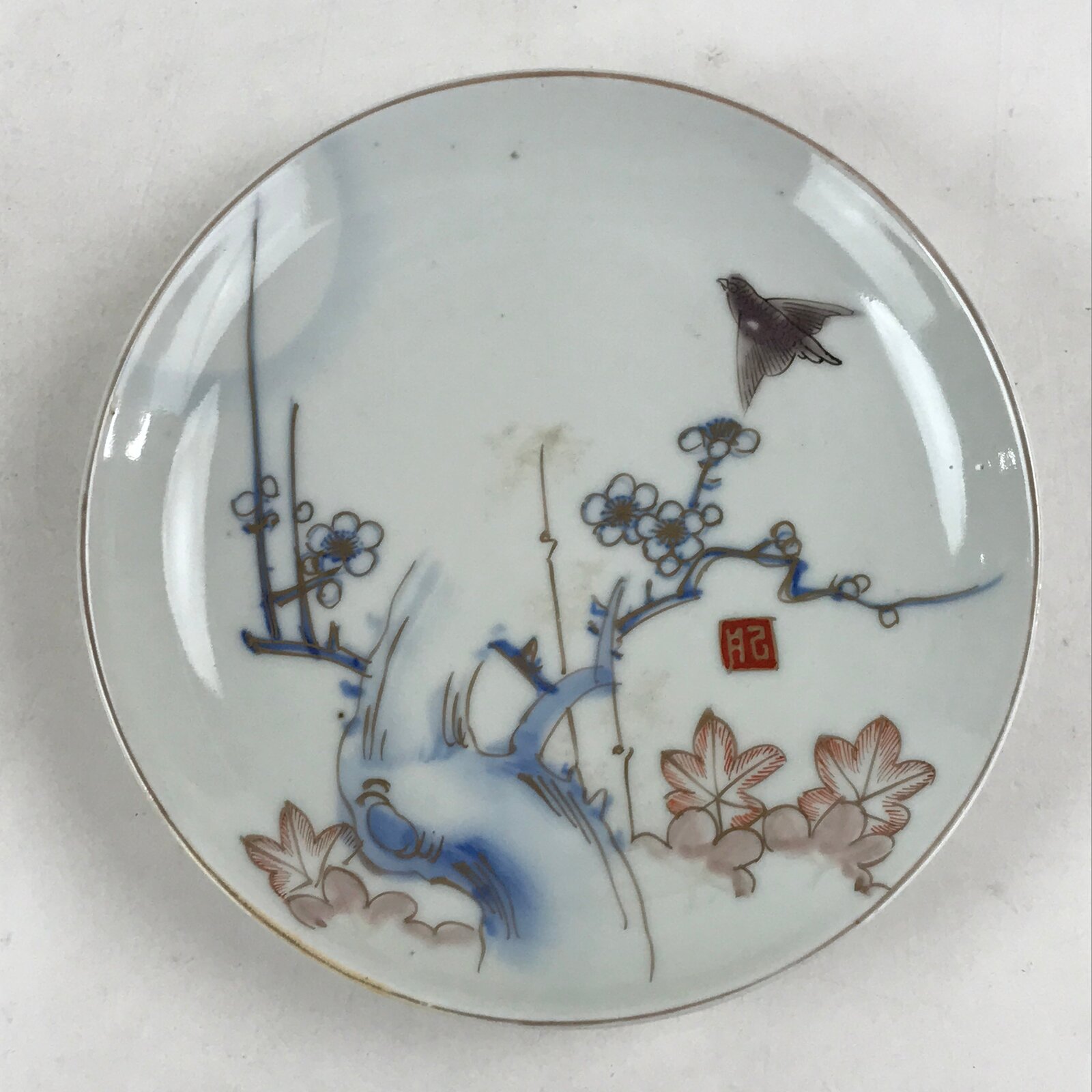 Antique Japanese Koimari Imari Plate Plum Blossom Nightingale Kozara Gold PY378