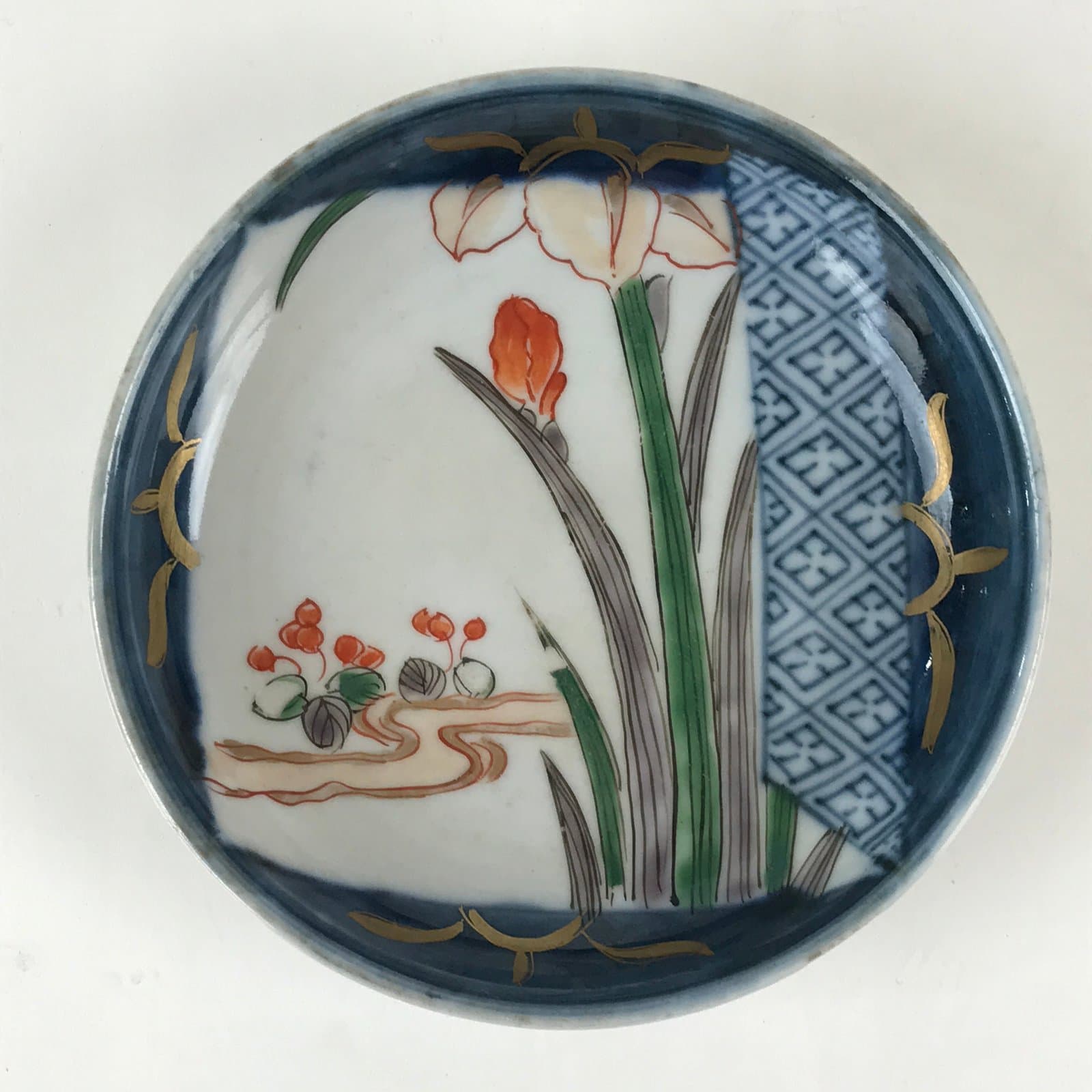 Antique Japanese Koimari Ware Porcelain Small Plate Sometsuke Iris PY167