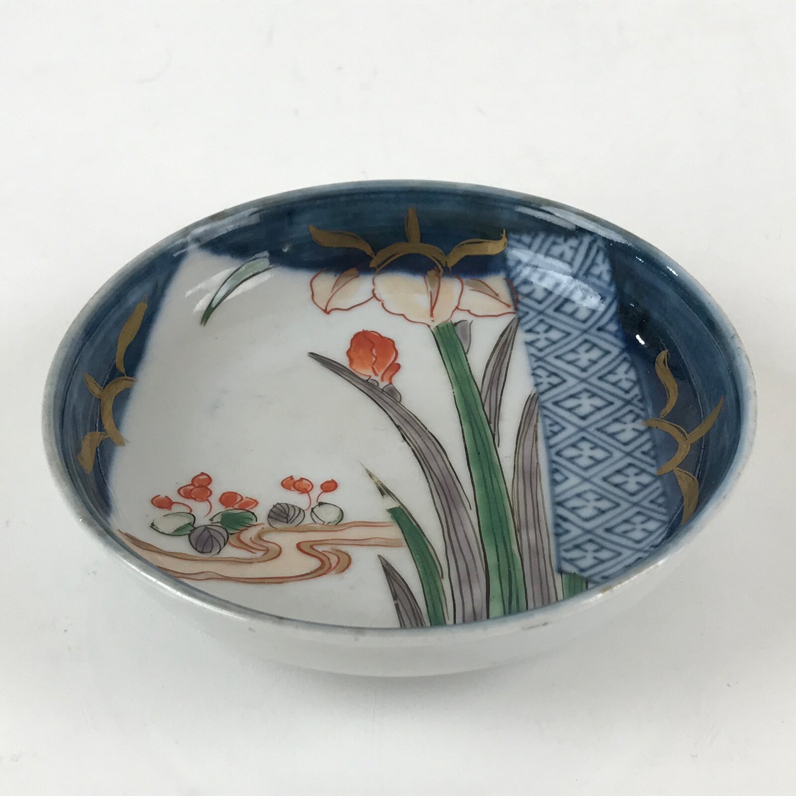 Antique Japanese Koimari Ware Porcelain Small Plate Sometsuke Iris PY167