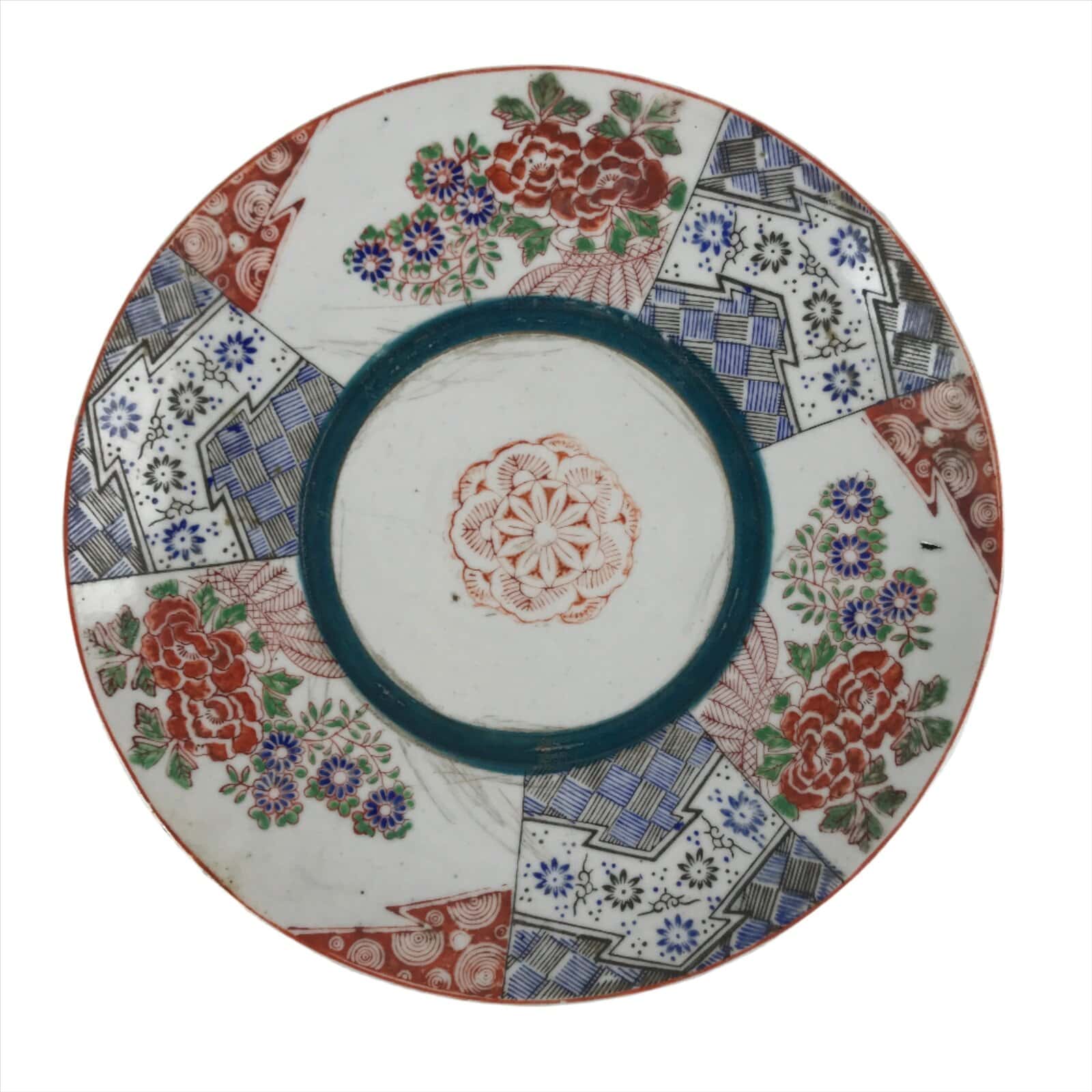 Antique Japanese Kutani Koimari Porcelain Round Plate Peony Red Blue Green PY819
