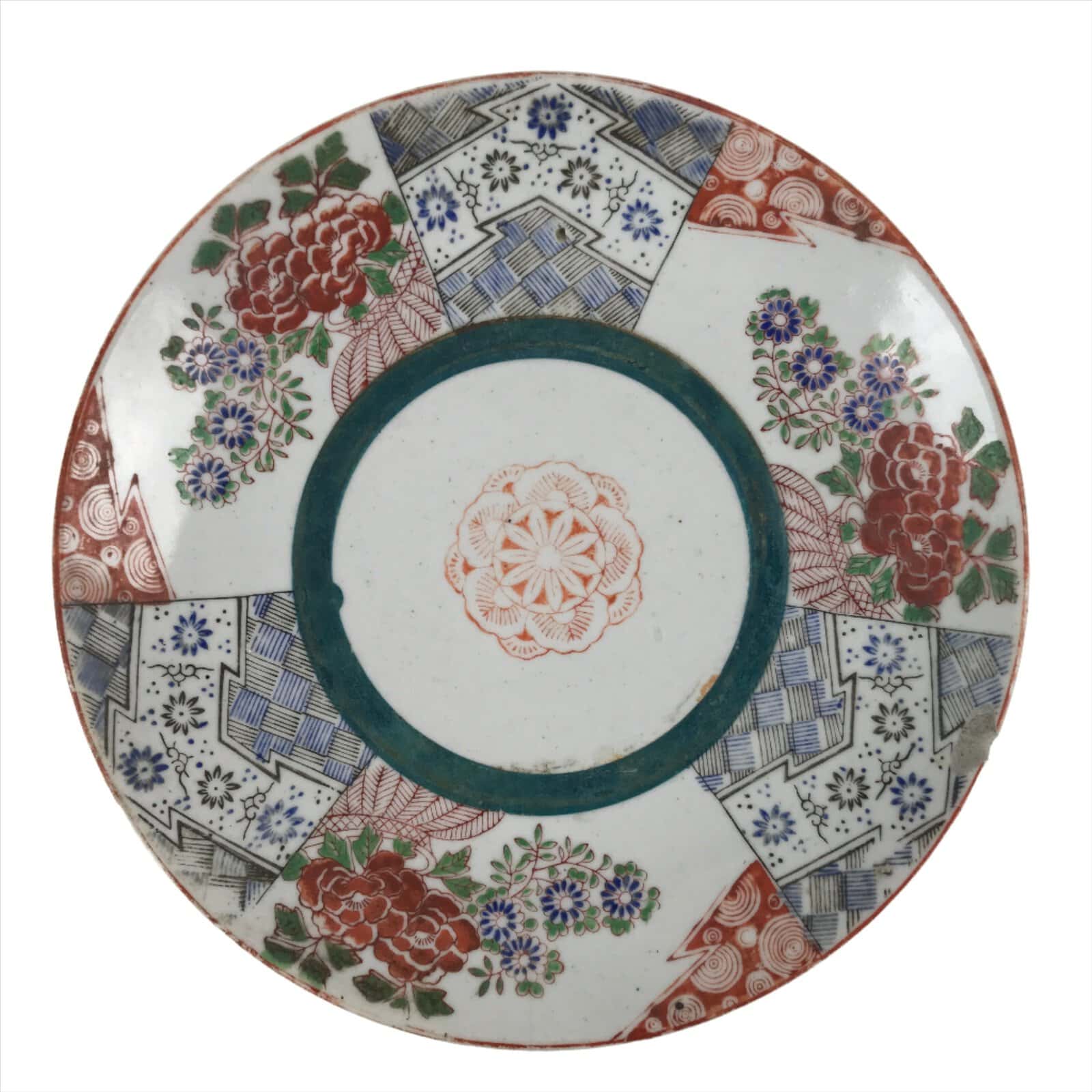 Antique Japanese Kutani Koimari Porcelain Round Plate Peony Red Blue Green PY821
