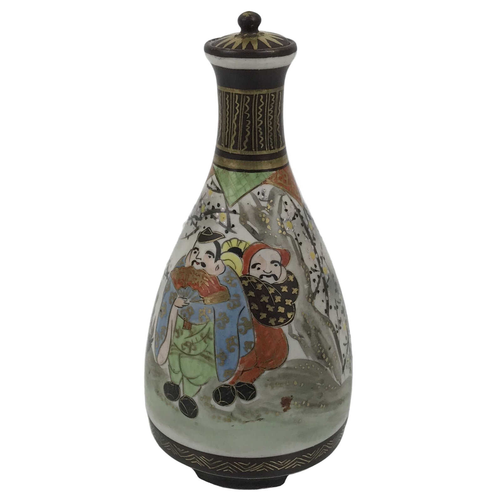 Antique Japanese Kutani Porcelain Lidded Sake Bottle Tokkuri Ebisu Daikoku TS895